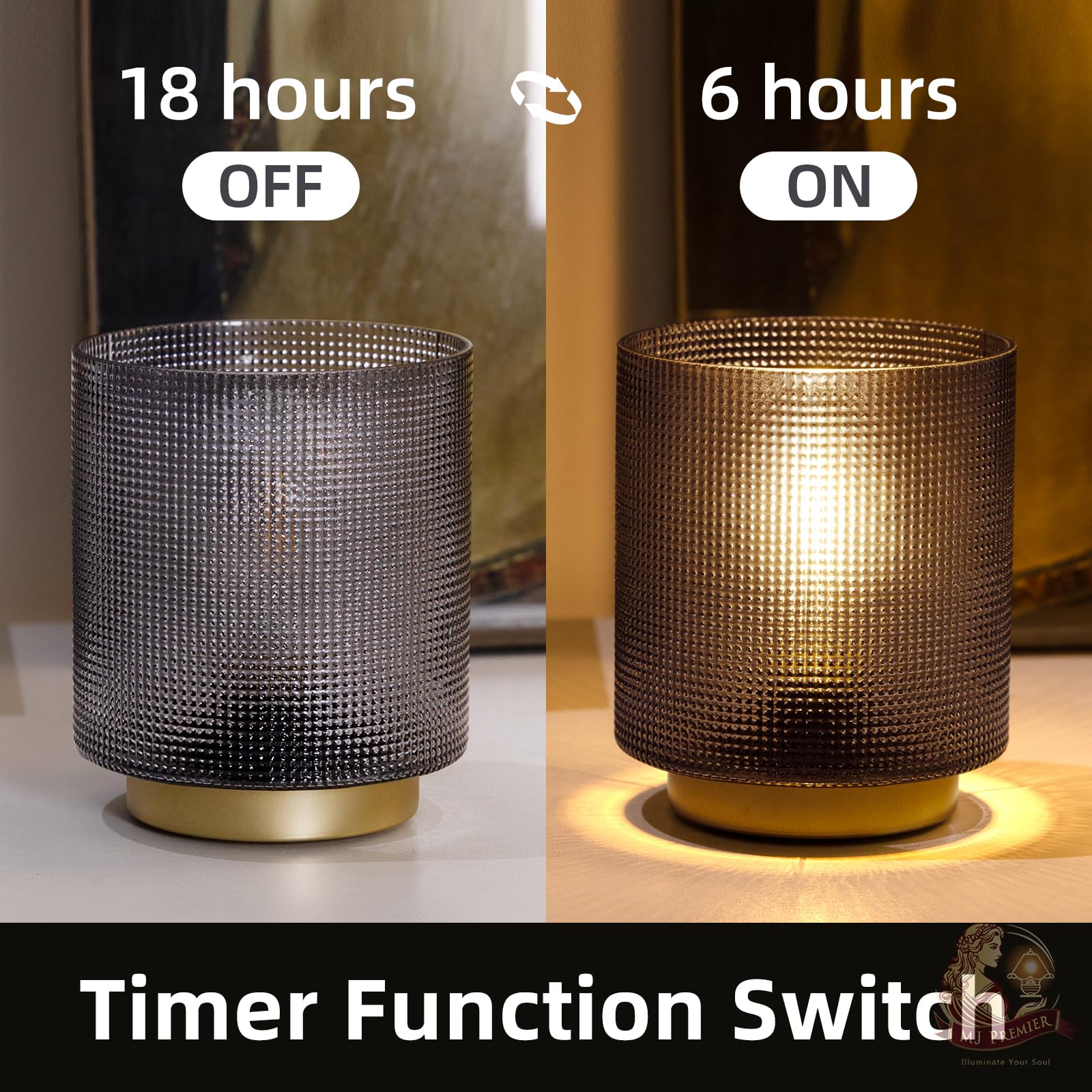 Mj Premier Battery Operated Lamp With Timer, Glass Cordless Lamp For Power Outage, Decorative Small Battery Powered Lamps For Be