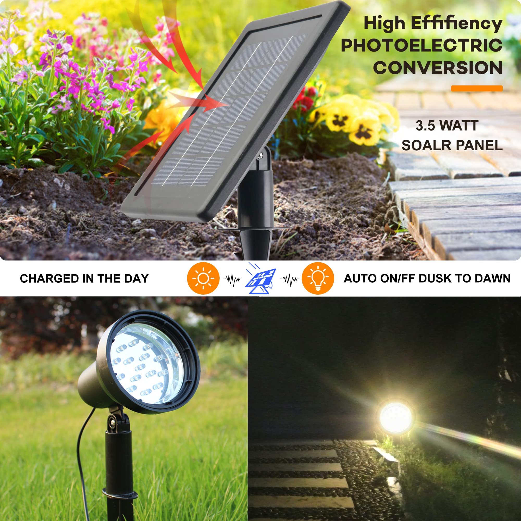 SUNLONG Solar Powered Spot Lights Outdoor Waterproof 2 in 1, Adjustable Power, 2 x Spots, Warm White, Model SLSP00