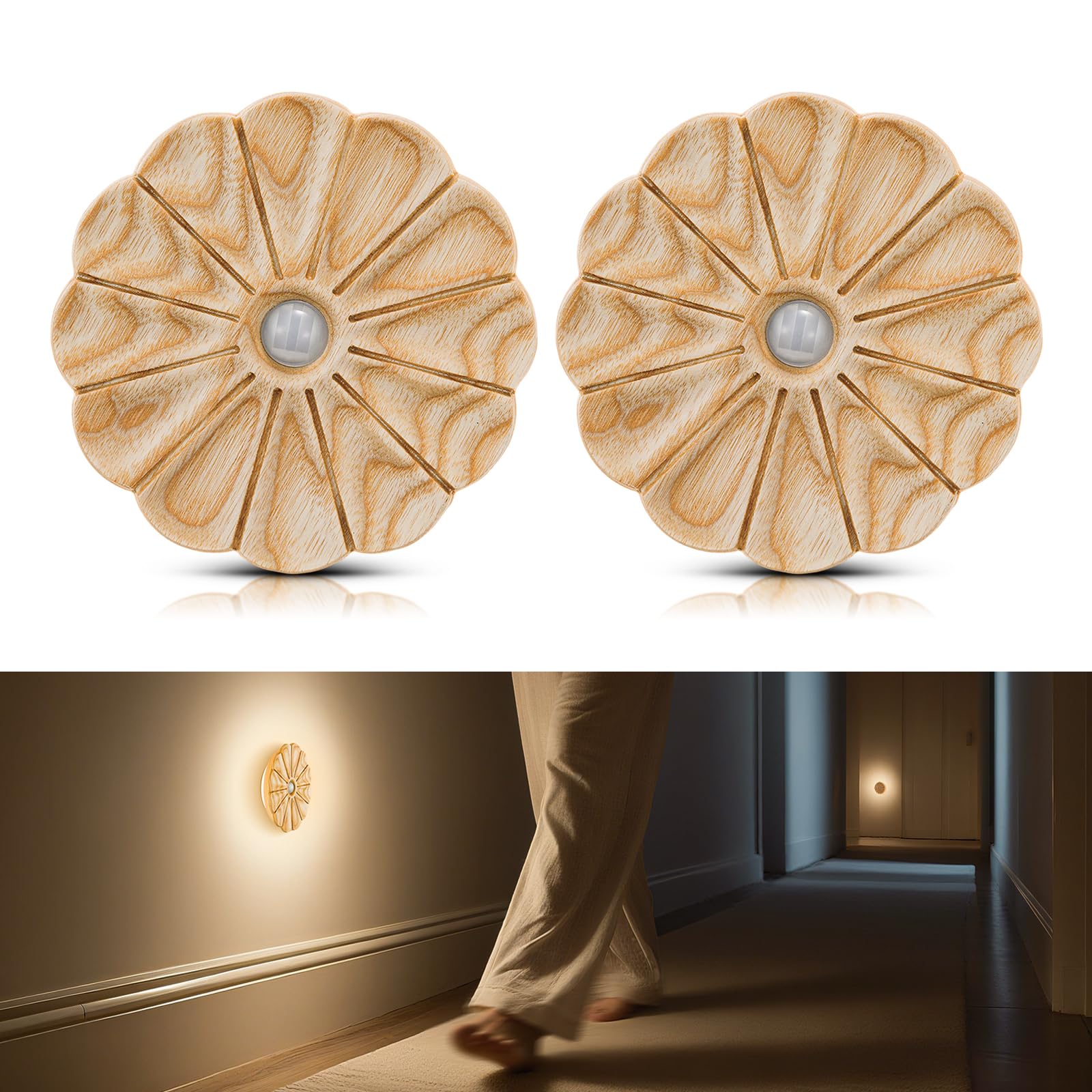 Vadifula Motion Sensor Night Light Wooden Carved Flower Mini USB Rechargeable Stick-On Step Lights Magnetic Wall Lights for Hall