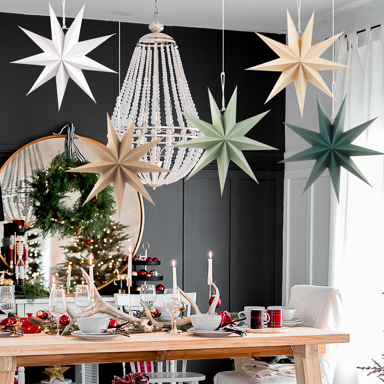 SUNBEAUTY 12 Inch Sage Green Paper Star Lantern - 9-Pointed Hanging Lamp for Weddings, Birthdays, and Christmas Decorations