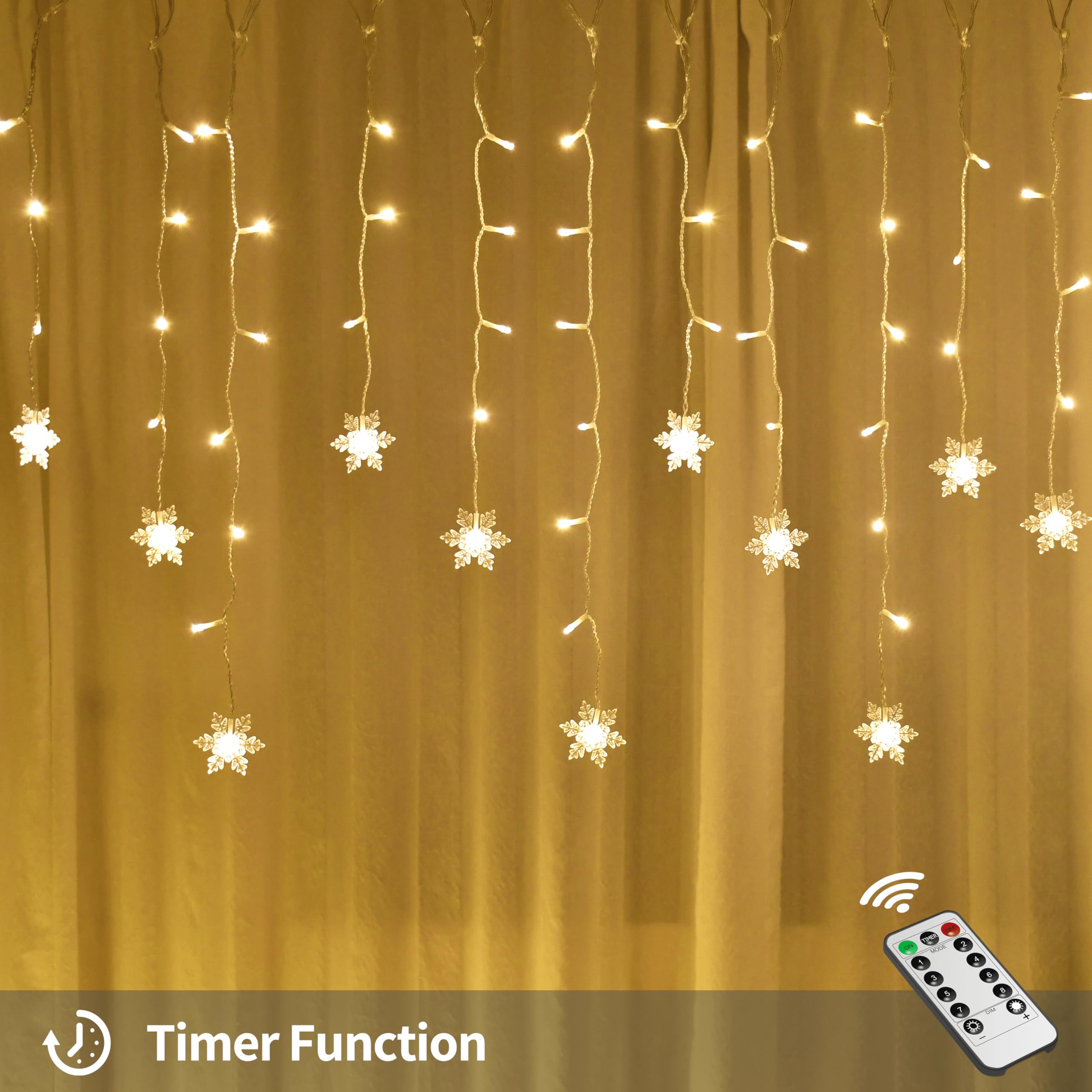 Snowflake Window Curtain Lights, 13ft 96 LED Snowflake Christmas Icicle Lights with Remote,18 Drops,8 Modes Twinkle Fairy Light