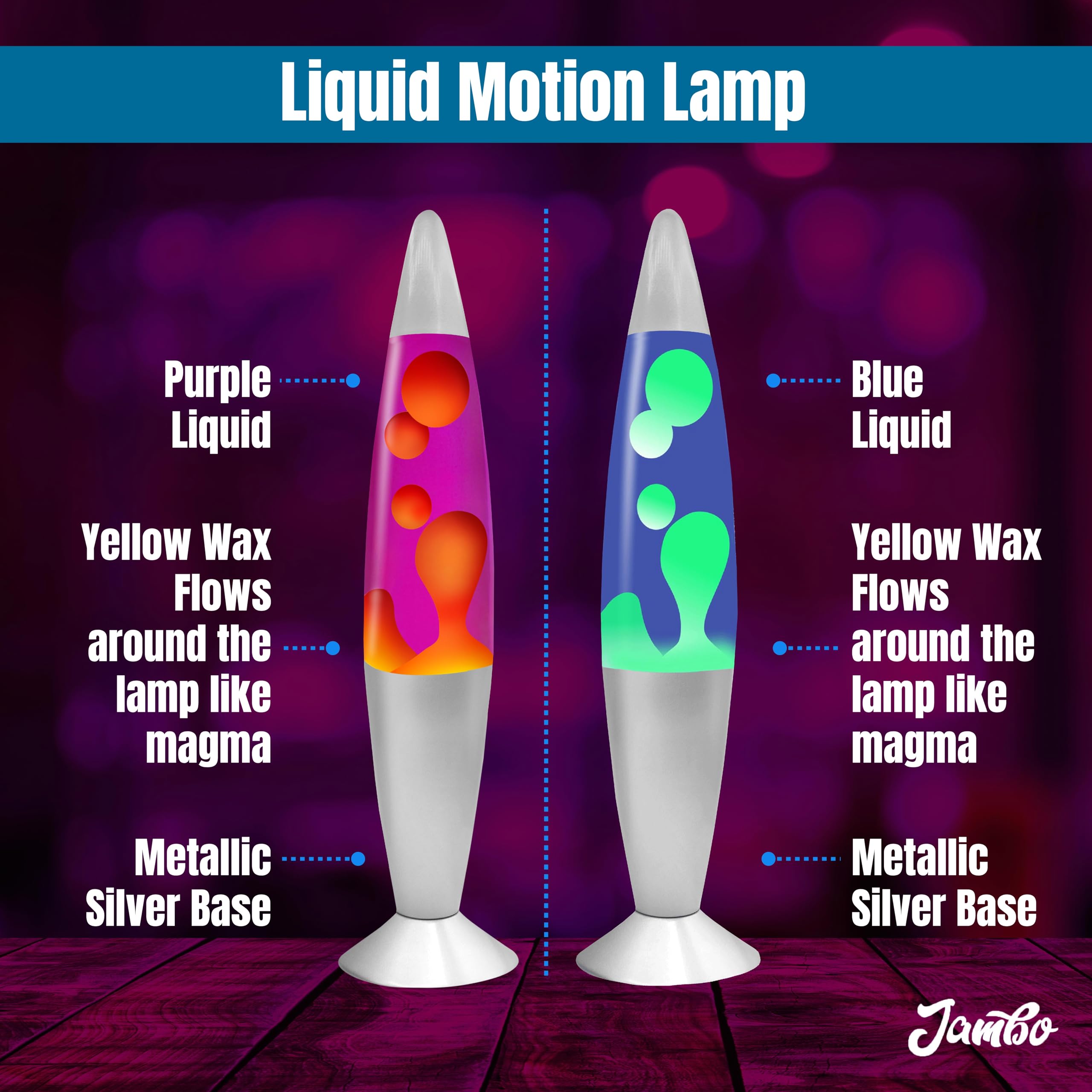 Jambo Liquid Motion Lamp Double Pack | 16in Wax, Silver Base, Blue & Purple Liquid