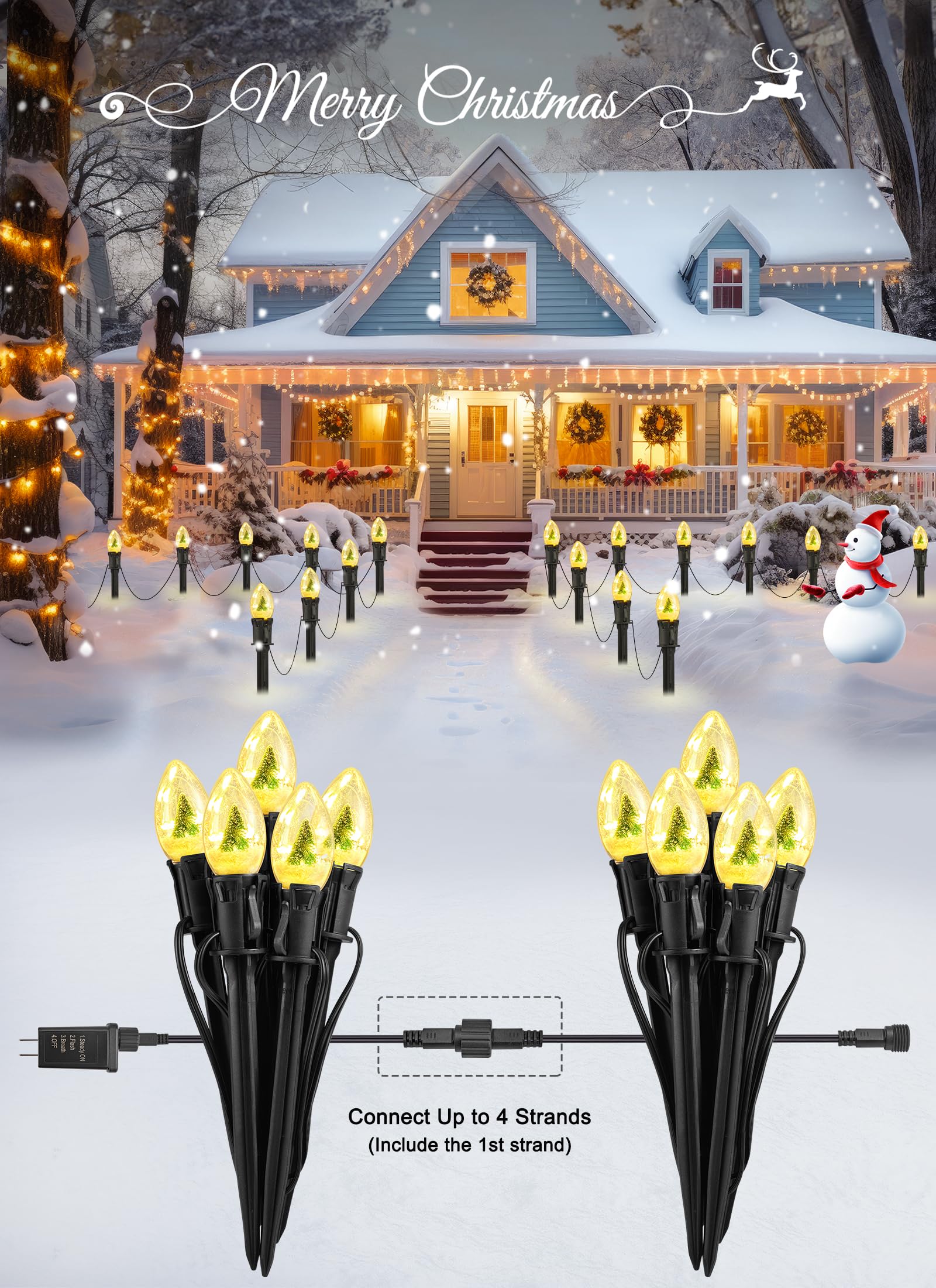 C9 Christmas Pathway Lights Outdoor, 25Ft 20 Led Christmas String Lights With Stakes, 3 Light Modes, Waterproof Connectable Chri