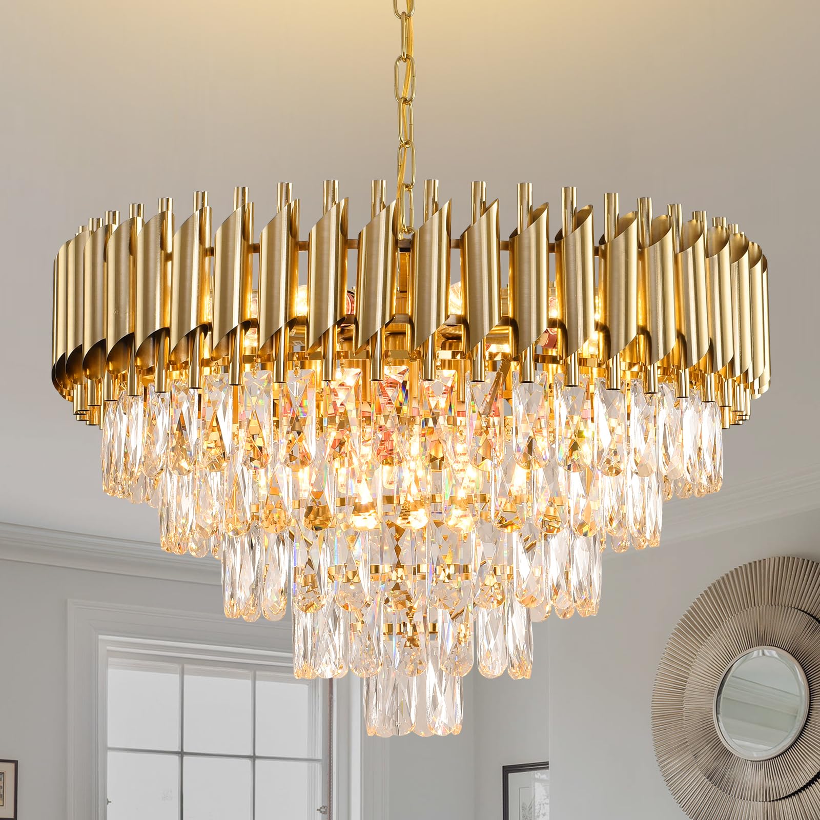 AKDXIRUN Gold Crystal Chandeliers Modern Round Chandelier for Dining Room 5 Tiers Ceiling Pendant Light Fixtures Large Ceiling C