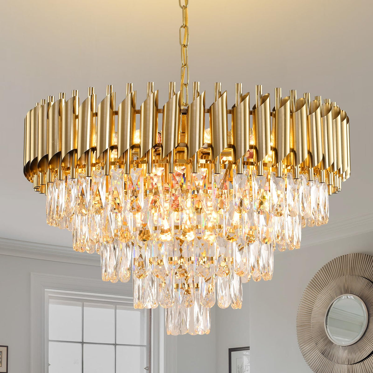 AKDXIRUN Gold Crystal Chandeliers Modern Round Chandelier for Dining Room 5 Tiers Ceiling Pendant Light Fixtures Large Ceiling C