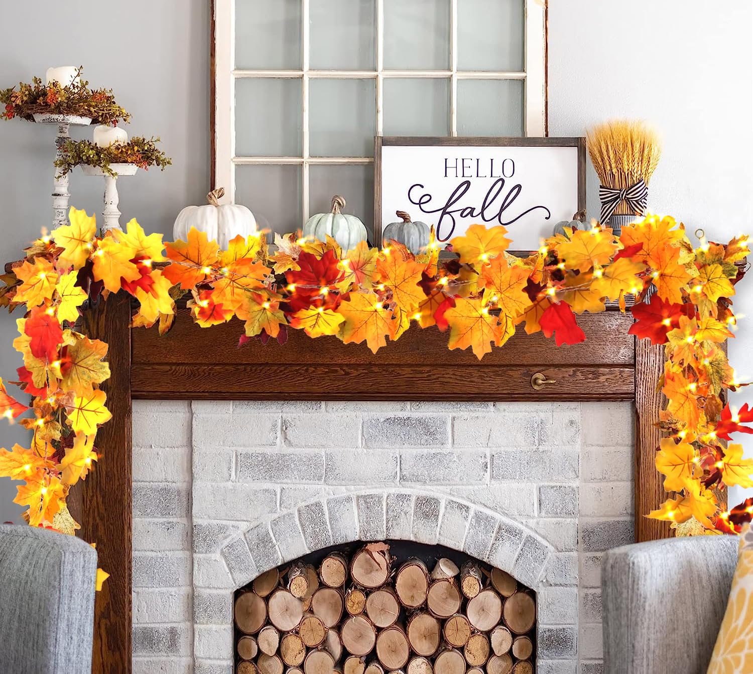 AKIT Lighted Fall Garland 45 LED Outdoor String Lights 15.7FT Waterproof Battery Operated Mix Leaves Model WEH-24FYD-LK6S
