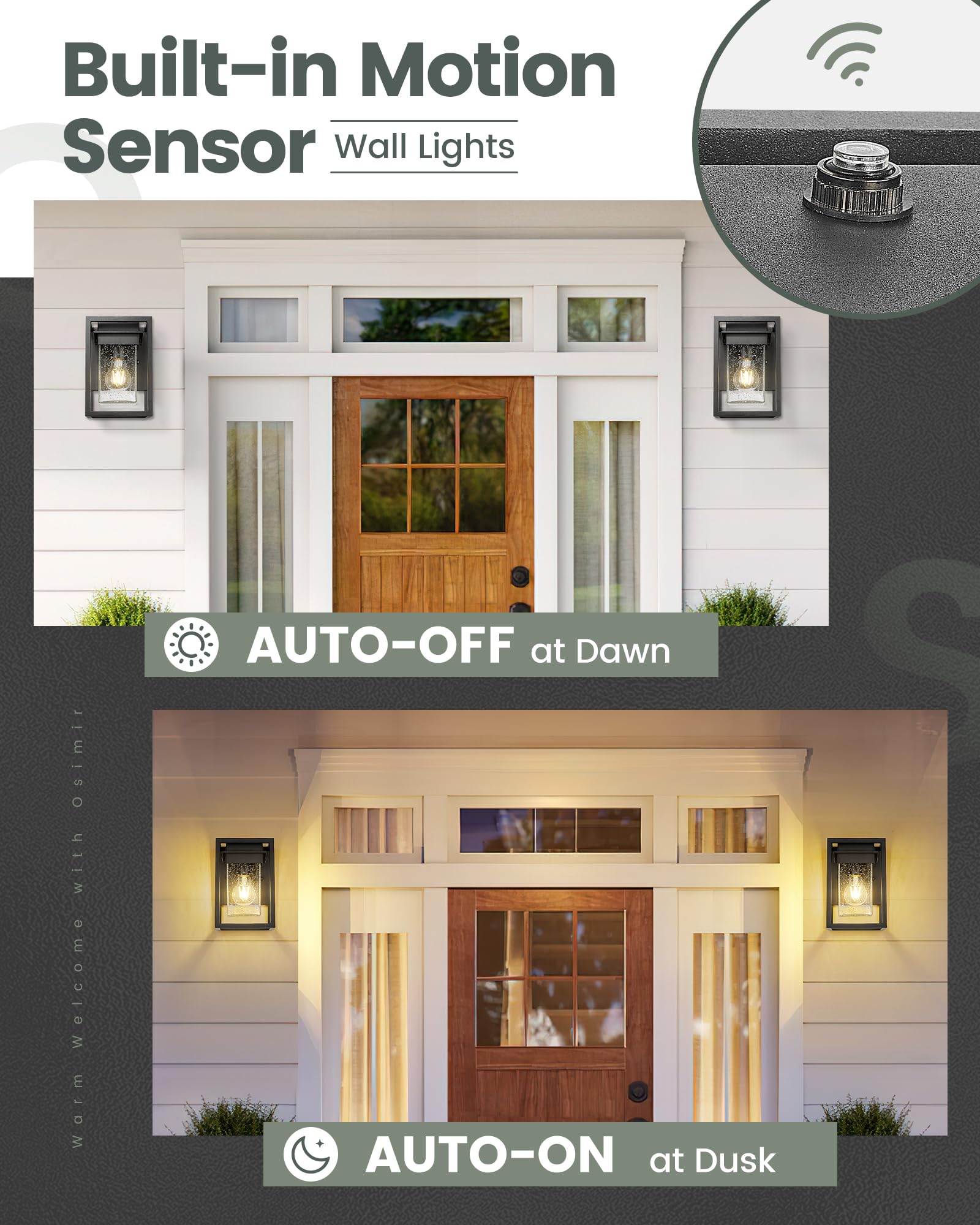 Osimir Porch Lights Outdoor, Dusk to Dawn, Aluminum, Black Finish, Model OS-3006, Seed Glass Design