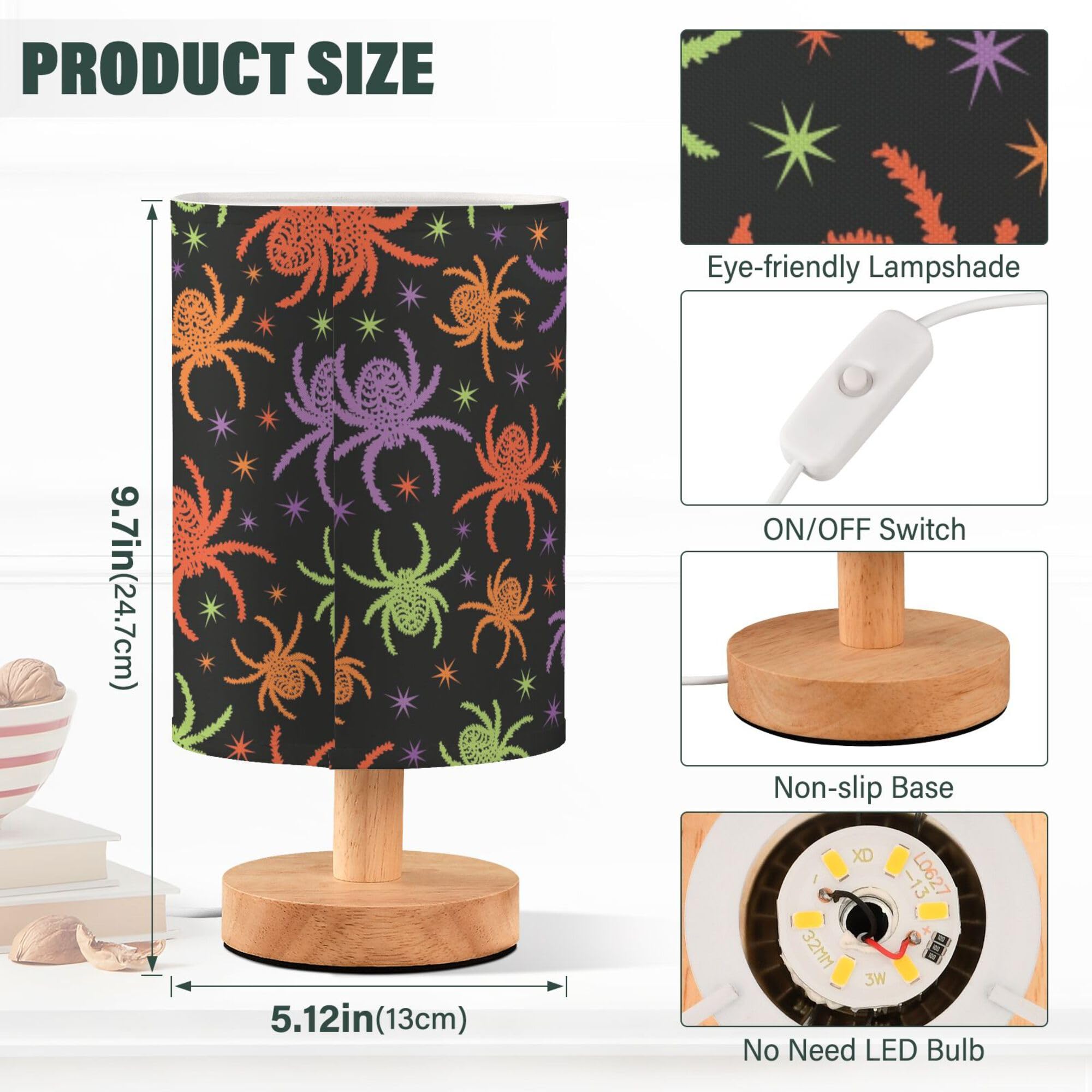 Yyzzh Table Lamp Colorful Spooky Spider Halloween Creepy Pattern Nightstand Lamp With Wood Base Fabric Lamp Shade Bedside Desk L