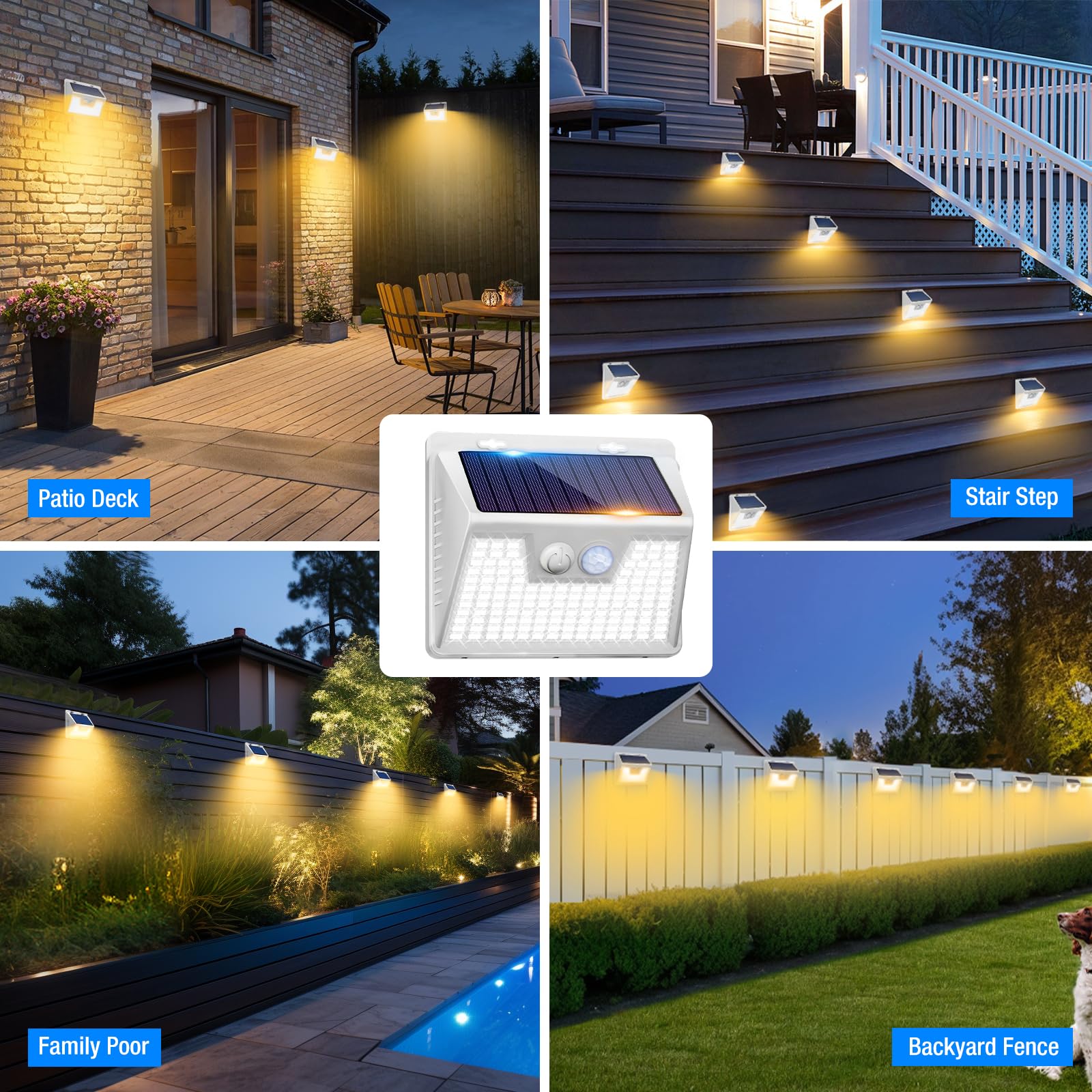 Peasur White Frame Solar Motion Sensor Lights Outdoor - 2 Packs, 180Led Warm Solar Wall Lights, Waterproof, 3 Modes Fence Securi