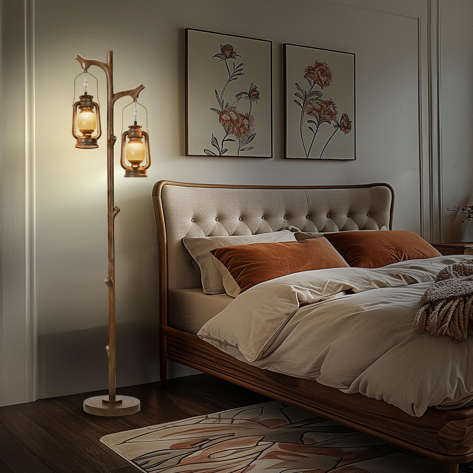 68'' Rustic Farmhouse Tree Trunk Floor Lamp Country Brown Finish Wood Vintage Standing Tall Lamp With Lantern Stepless Dimmable