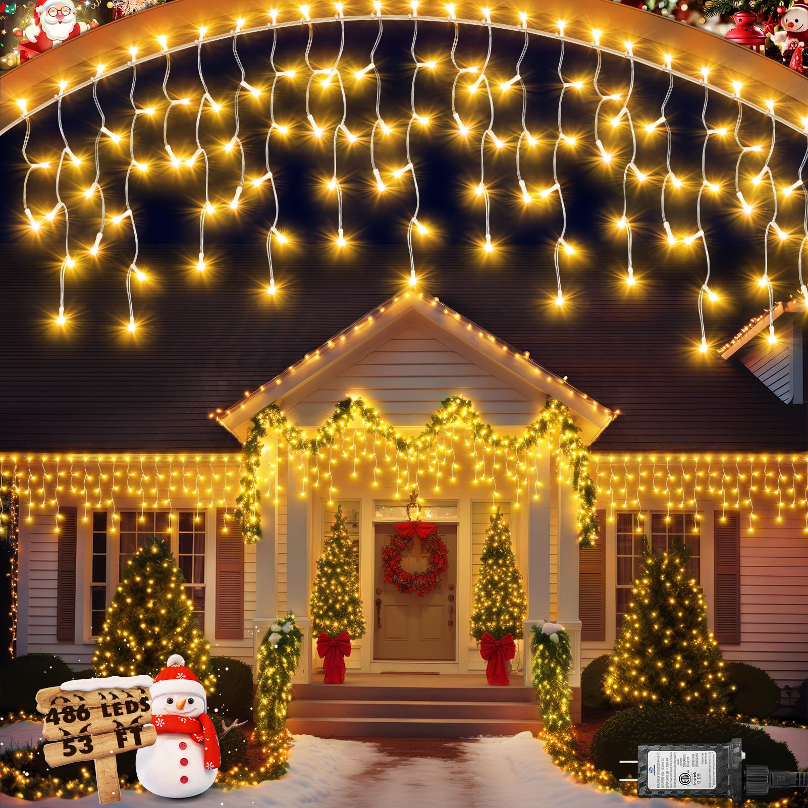 Christmas Lights Outdoor, 53 FT 486 LED Christmas Light for Outside, Timer & Memory, Plug in 8 Modes Hanging Fairy Light with 10