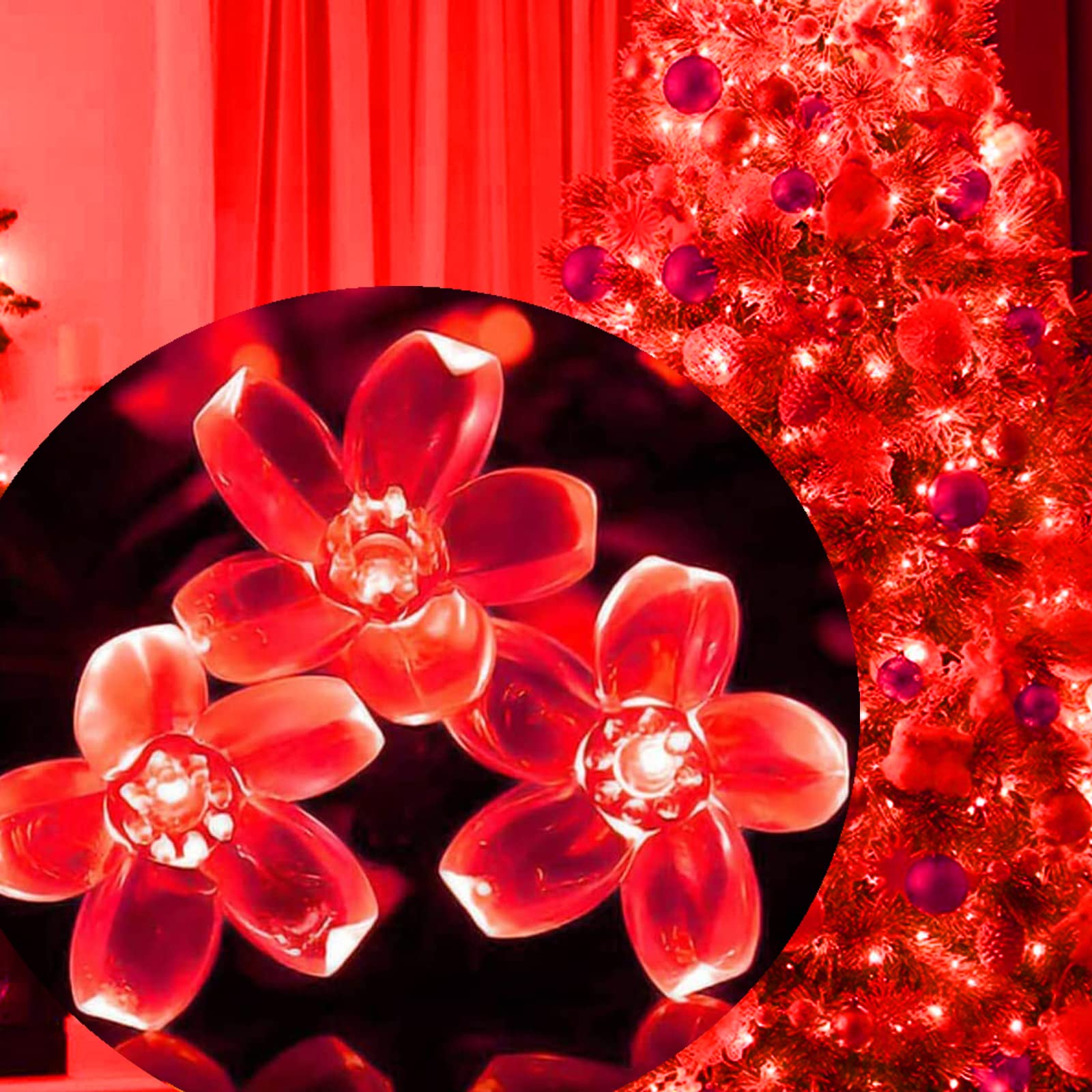 FULLBELL Christmas Decorations Red Room Decor Red Lights Red Fairy Lights Red Flower String Lights 100 LED Memorable Extendable Red String Lights Red LED Lights (Red)