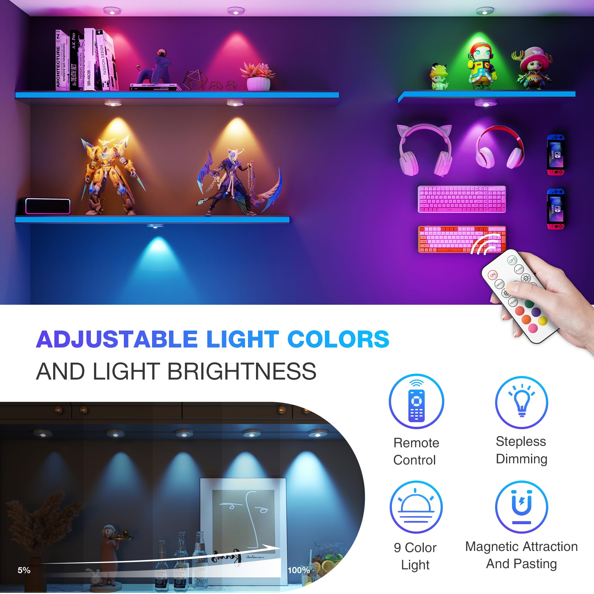 MICLIONLED RGB Puck Lights - Remote Control, 2000mAh Rechargeable, 9 Colors, Magnetic Stick-On, Silver, 3 Pack, Model M3-GB18
