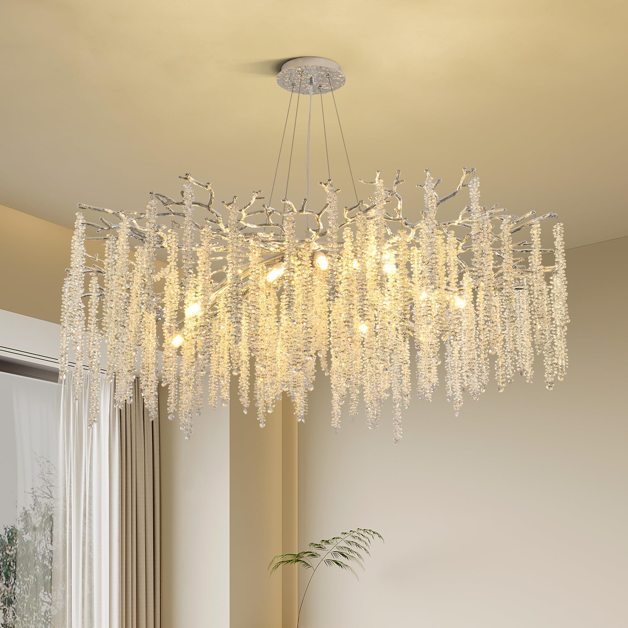 Upfelw Modern Crystal Tree Branch Chandeliers Chrome D39.4'', Round Art Deco Raindrop Lighting Fixture for Dining Room Living Ro