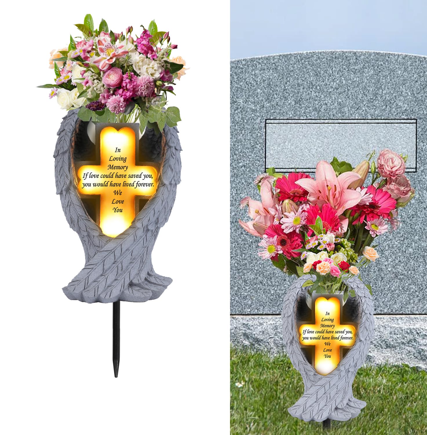 QZWHLSM Angel Wings and Cross Solar Light CemeteryDecorations  Cemetery Decorations Garden Solar Vase Decorations Gift for Lost Lovers Ones (White)