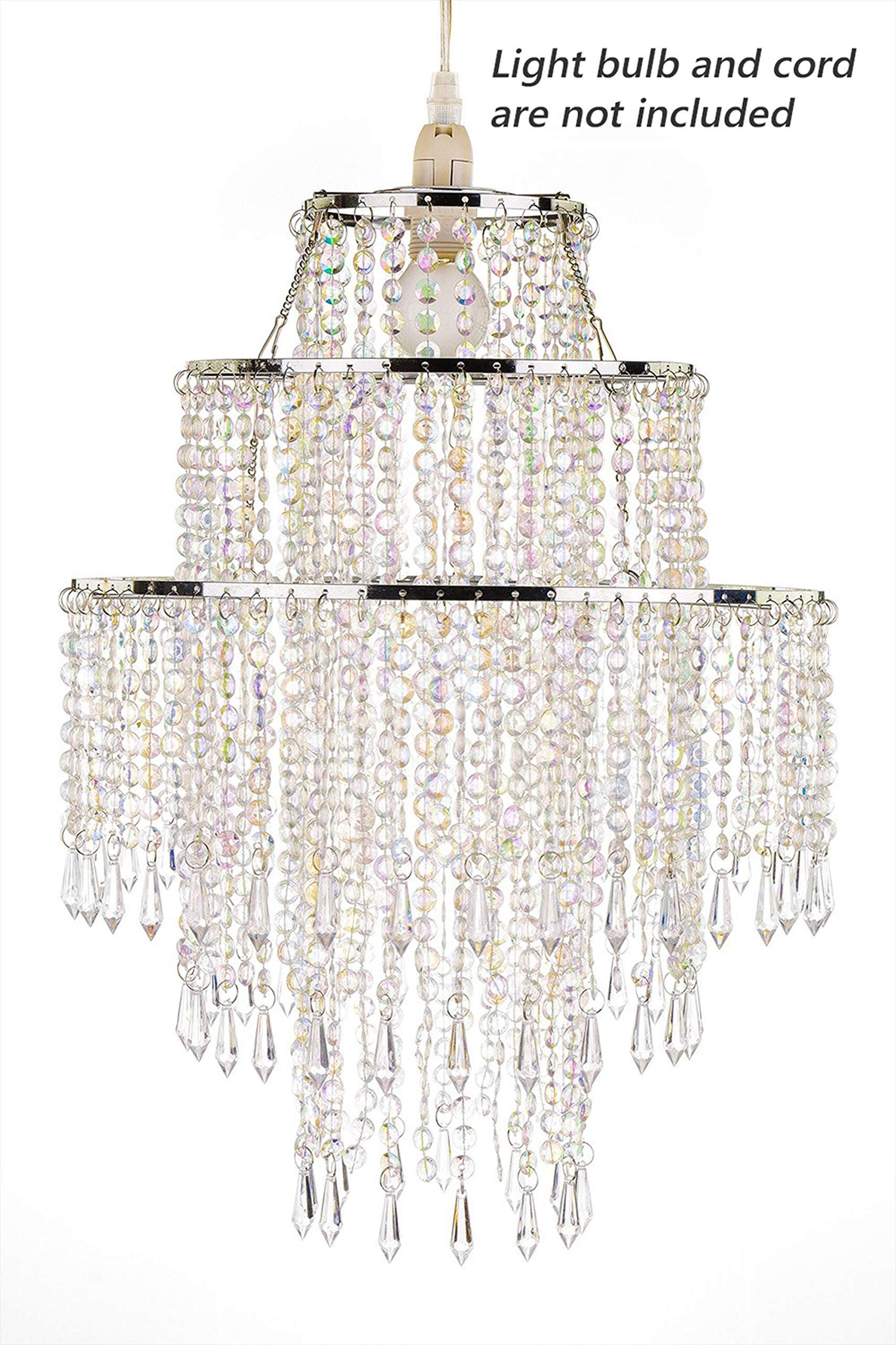 Waneway Large 3 Tiers Beads Pendant Shade, Ceiling Chandelier Lampshade With Acrylic Jewel Droplets, Beaded Lampshade With Chrom