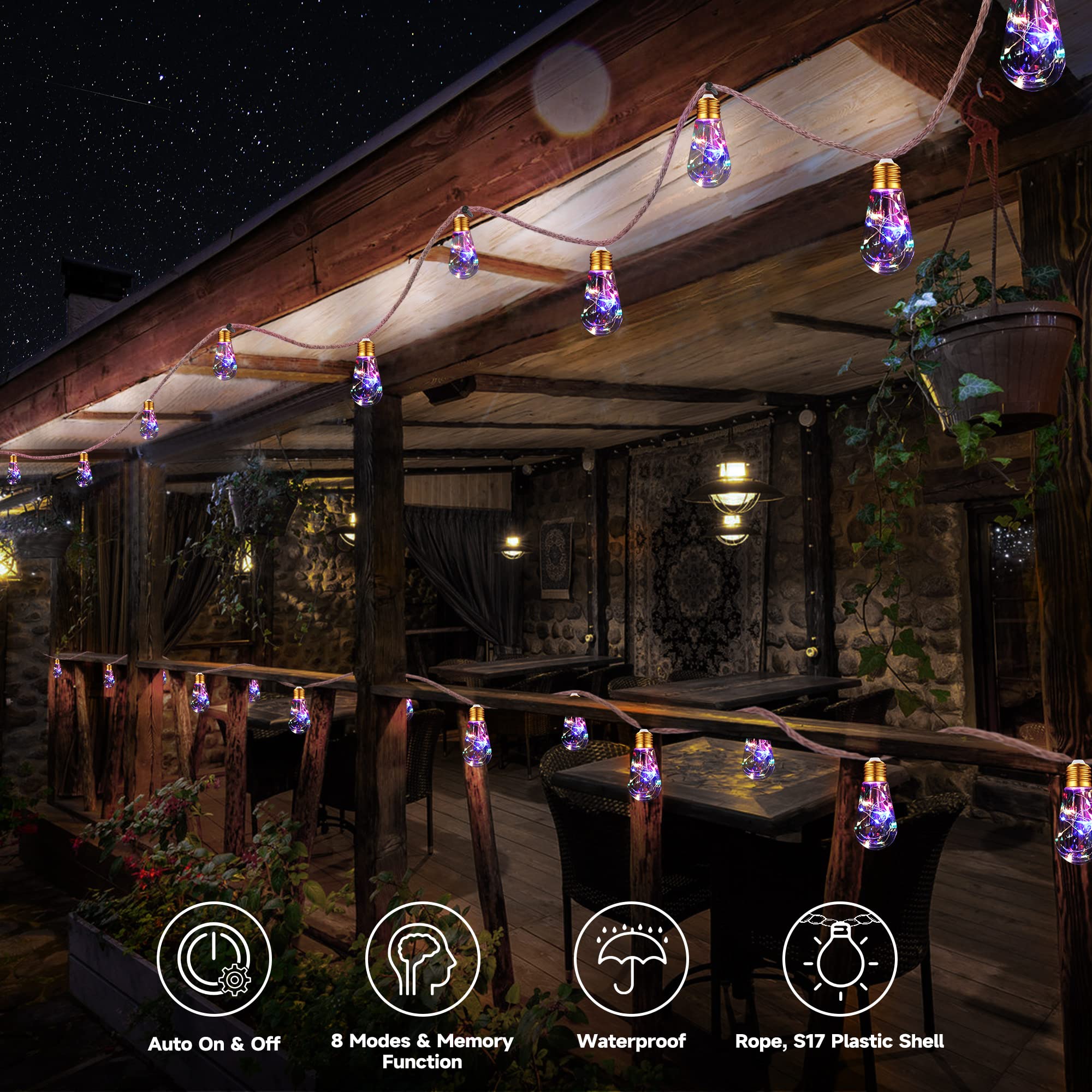 Solar Outdoor String Lights, 20Ft Vintage Rope Hemp Solar Patio Lights, Waterproof Multicolor Solar Powered String Lights With 8