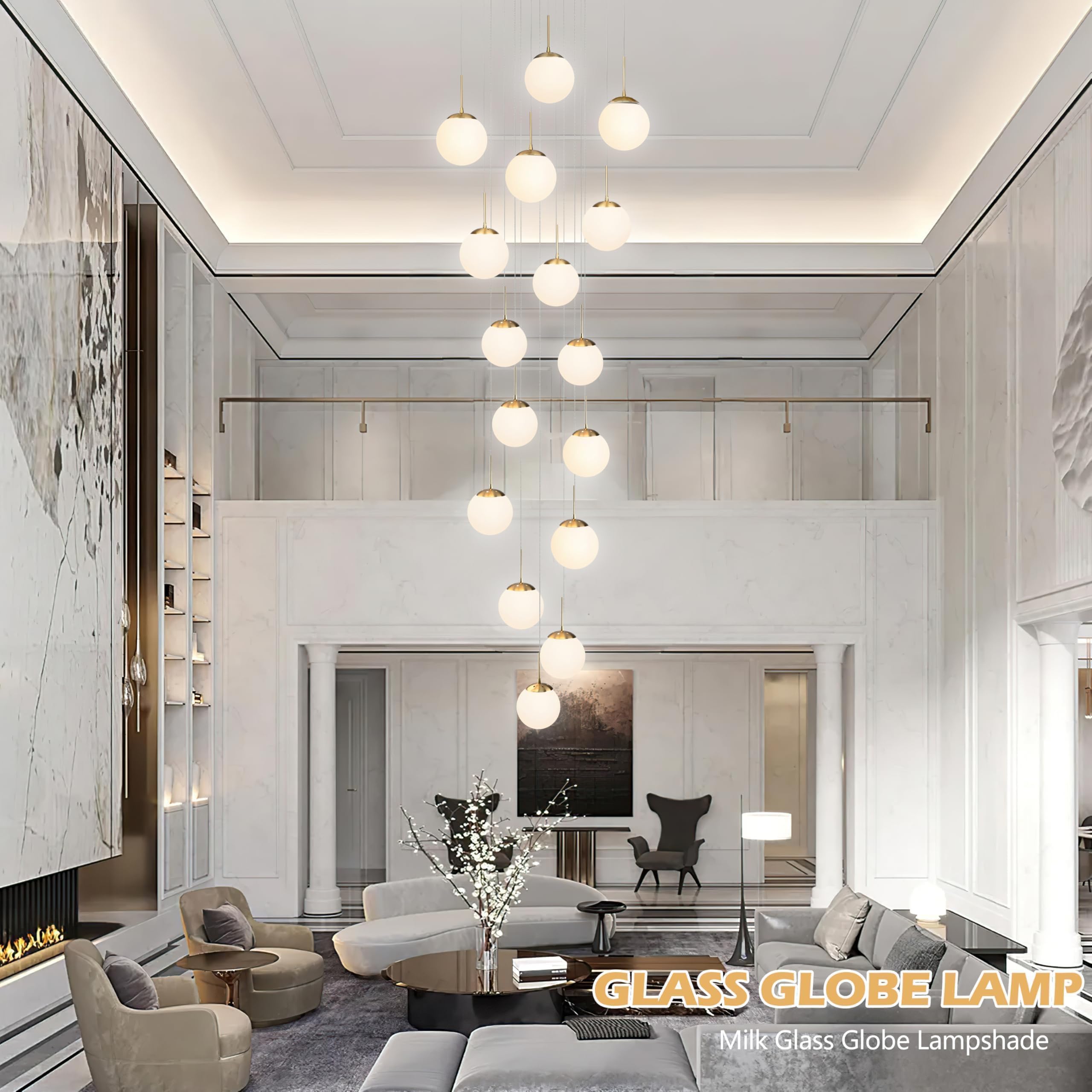 Koko&Yukina 16-Light Gold Mid Century Modern Chandelier For Living Room Staircase Chandelier For Entryway Globe Milky White Glas