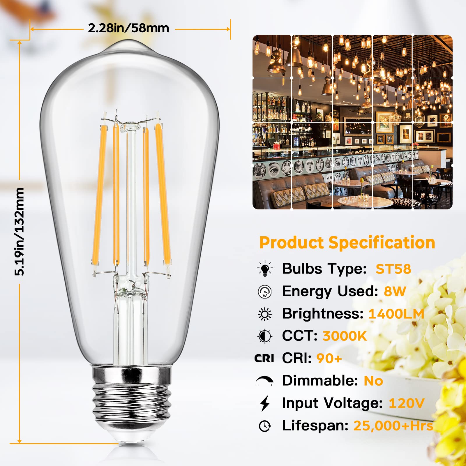 Sucolite 4-Pack Vintage Led Edison Bulbs 8W 3000K Warm White E26 High Brightness Cri90+
