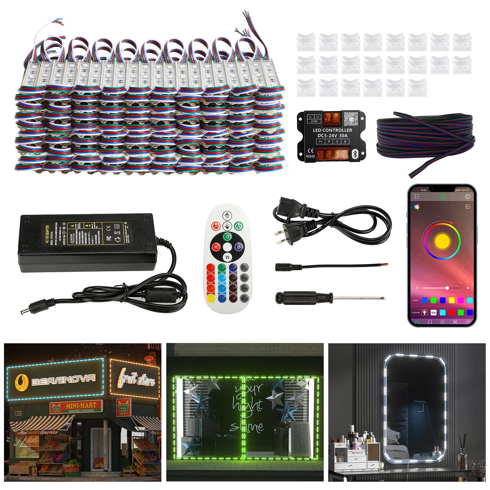 BEAMNOVA LED Strip Lights Kit, 100Ft RGB, Bluetooth Control, IP65 Waterproof, SMD 5050 Beads, DC 12V Power Supply