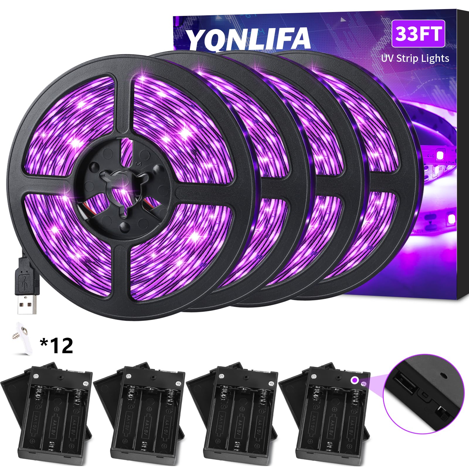 33Ft Black Strip Lights, USB & Battery Operated Black Lights for Glow Party, Blacklight Strip lights for Halloween Decoration Room Decor Glass Cabinet Case Display Fluorescent Paint(4Pack*8.2ft)