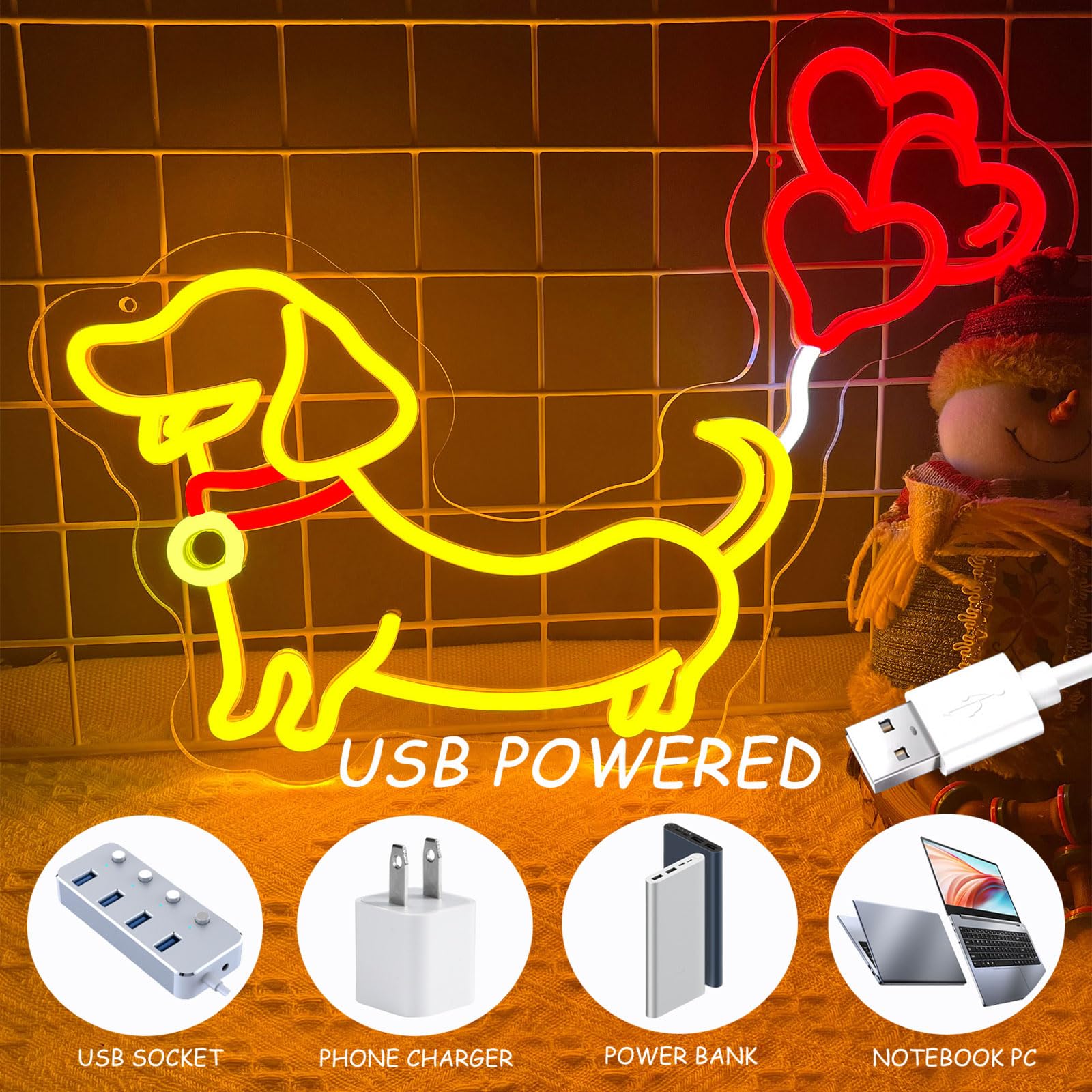 Nen Sign Dachshund Neon Sign, Dimmable LED Light for Wall Decor, 16.5 x 13 x 0.8 inches, Polyvinyl Chloride, Cute Puppy Design