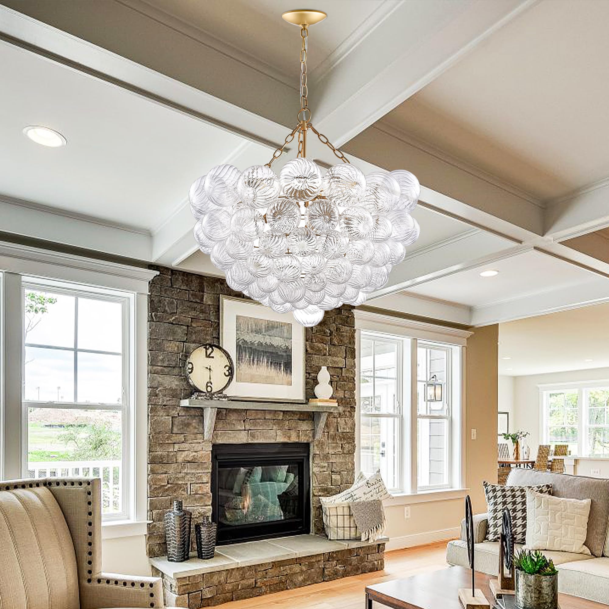 Longree Nordic Bubble Ball Swirled Glass Chandelier, Diam 31'' Gild Gold And Clear Modern Hand Blown Glass Pendant Light Fixture