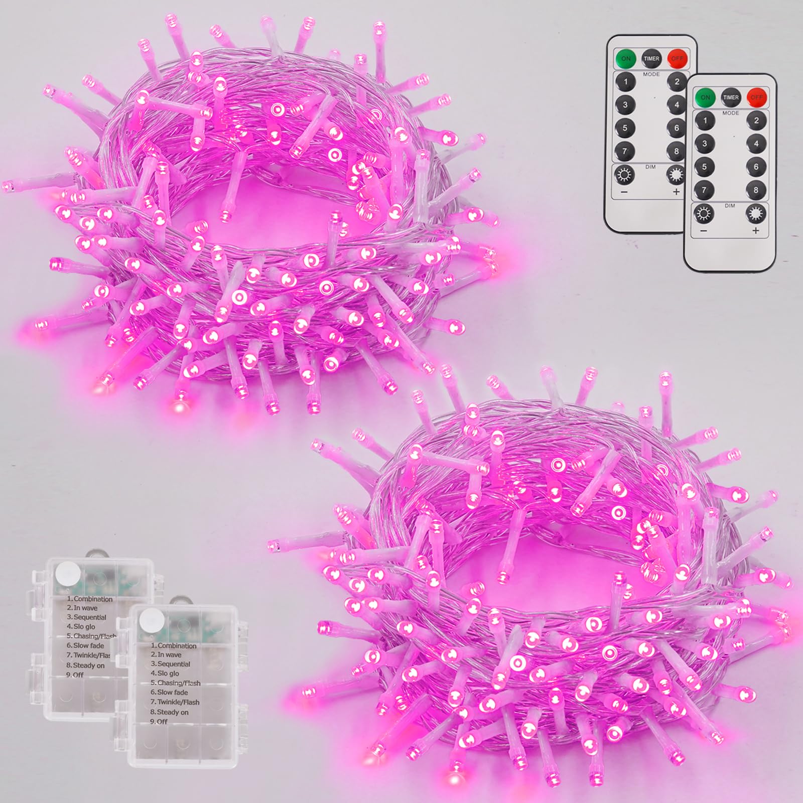 YEGUO Christmas Lights Battery Operated, 2 Pack Each 33ft 100 LED Pink String Lights Outdoor Waterproof,8 Modes Clear Wire Fairy
