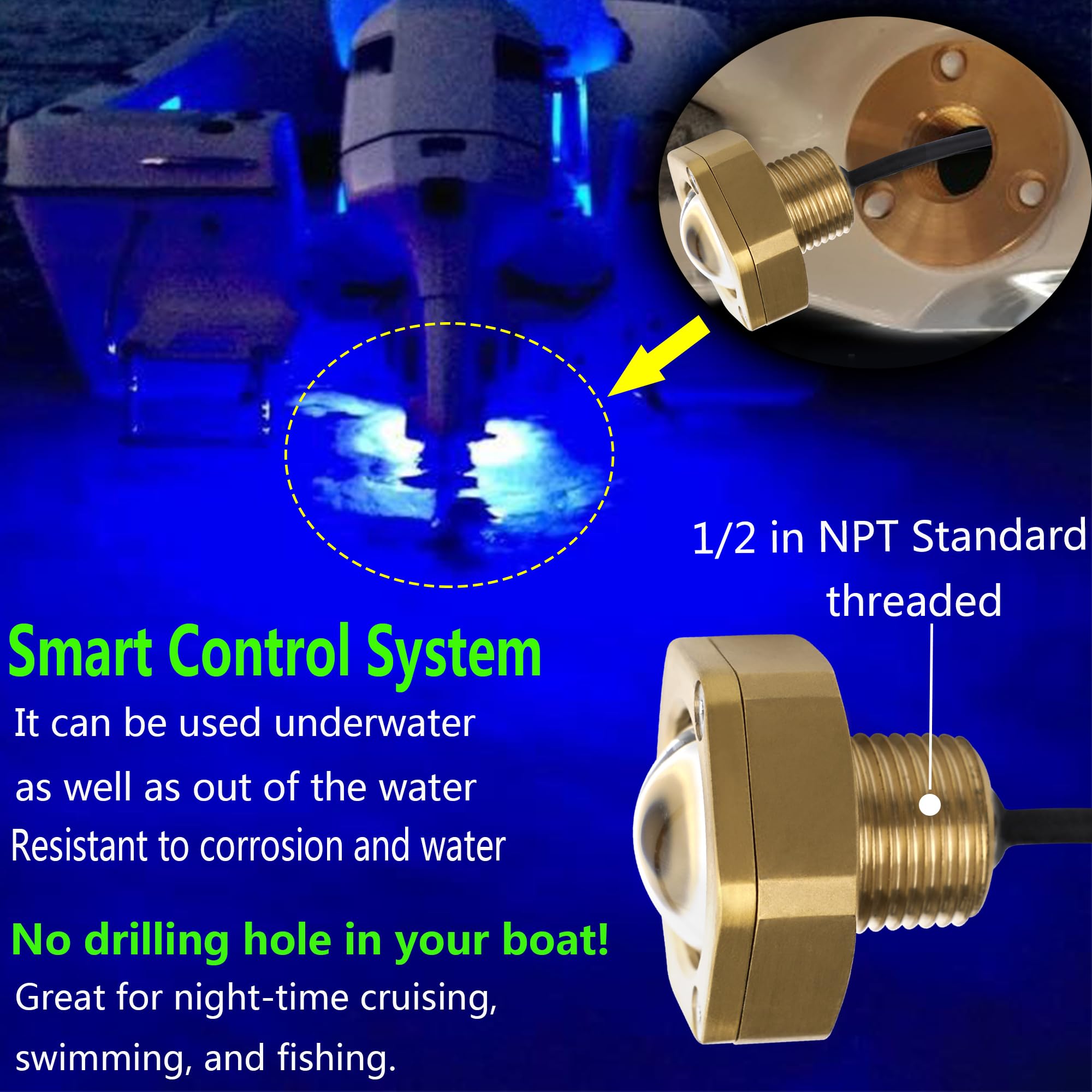 Kingshowstar Waterproof RGB Underwater Boat Trailer Light - 2 Pcs 1/2" NPT, Bronze Housing, APP RF Remote Control, 4100LM