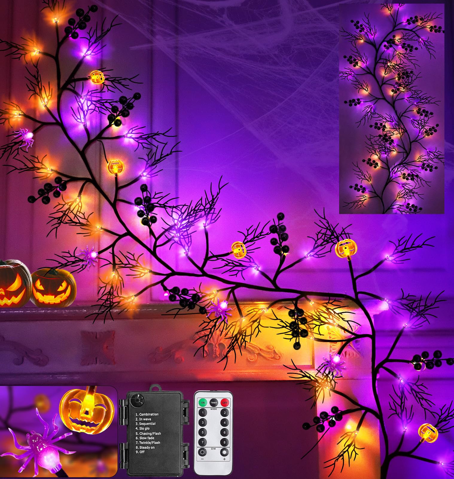 [Remote Control & Timer 8 Modes] Halloween Garland Willow Vine Lights, 6 Ft 54 LED with Orange & Purple Lights, Halloween Decora