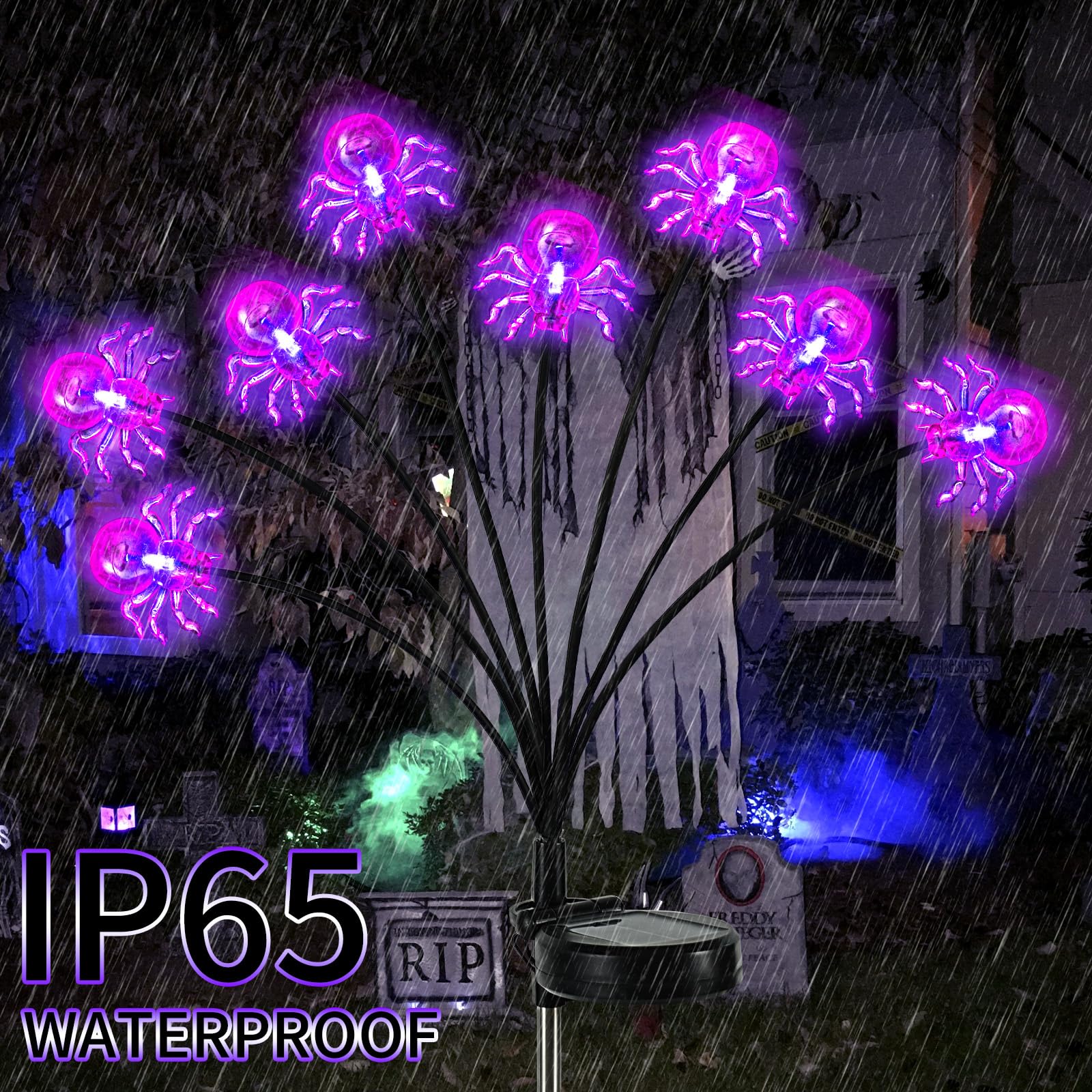 4 Packs Halloween Decorations Outdoor Scary Sloar Spider Lights,32Led Purple Spider Swaying Firefly Lights,Waterproof Solar Halloween Path Lights For Yard/Garden/Lawn/Party Decor(Spider)