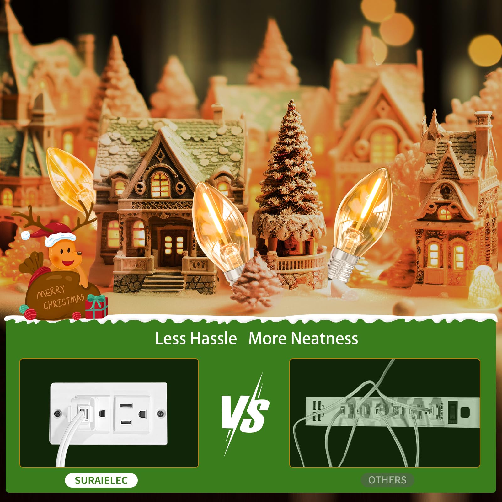 Suraielec 18Ft Accessory Cord With 10 Led Light Bulbs, Christmas Village Lights With Switch, C7 Light Cord For Holiday Decorations, Craft Projects, Blow Light Replacement, Ul Listed