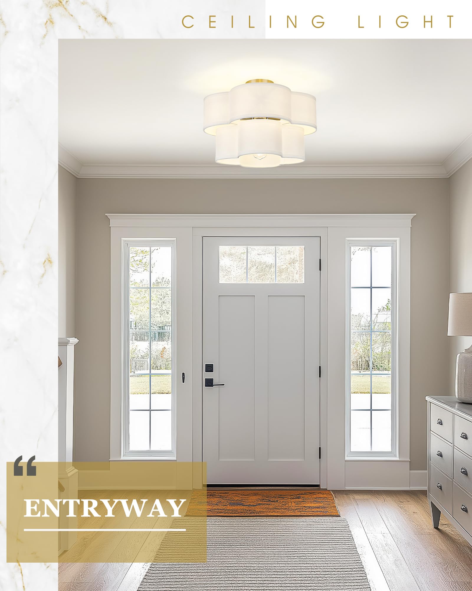 Audickic Semi Flush Mount Ceiling Lights, 5-Light 18'' Ceiling Light Fixtures With Double Fabric Drum Shade In Quatrefoil Shape,