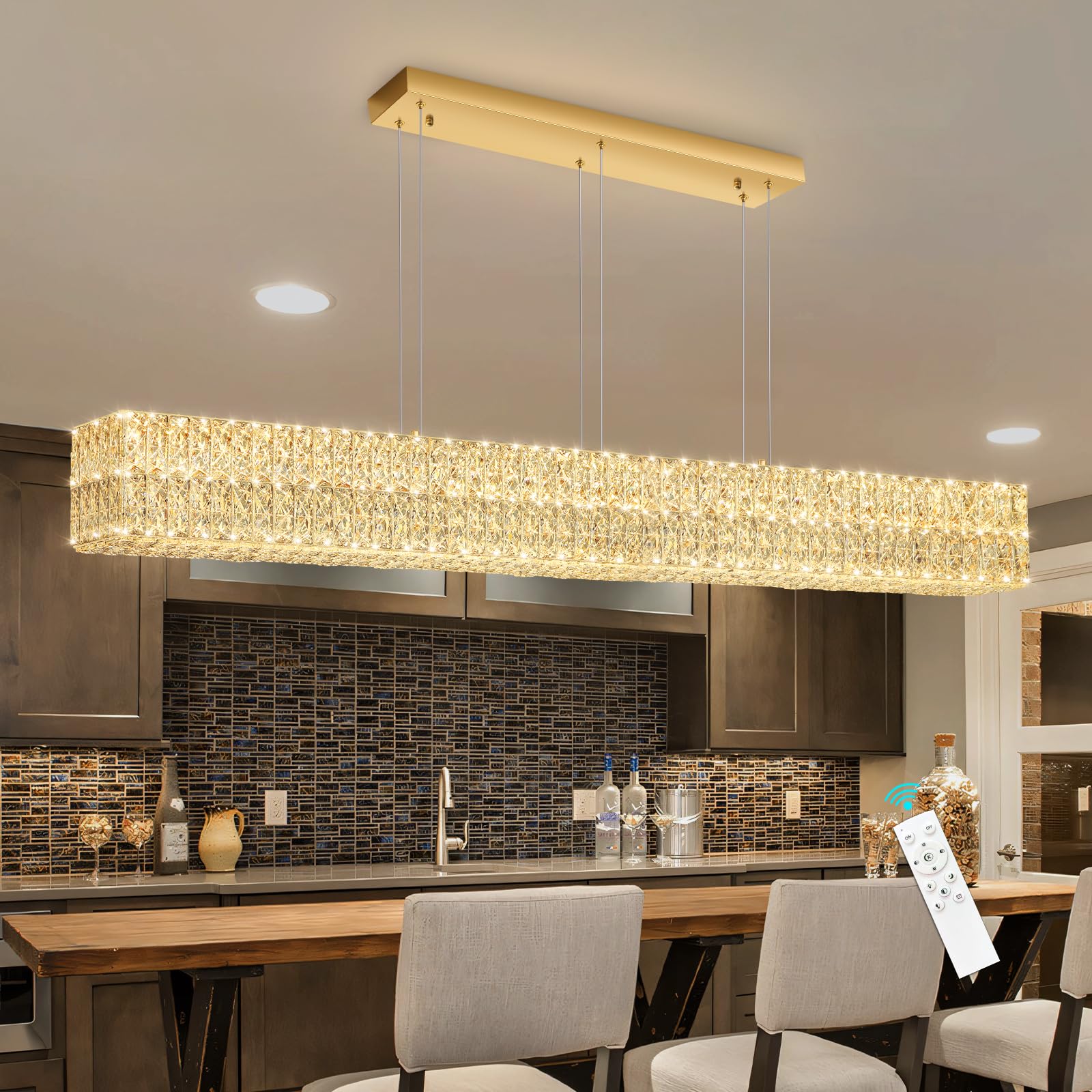 YLKP Rectangular Crystal Chandelier Dimmable LED Linear Chandeliers for Dining Room Remote Ceiling Pendants Light Fixture for Kitchen Island Gold