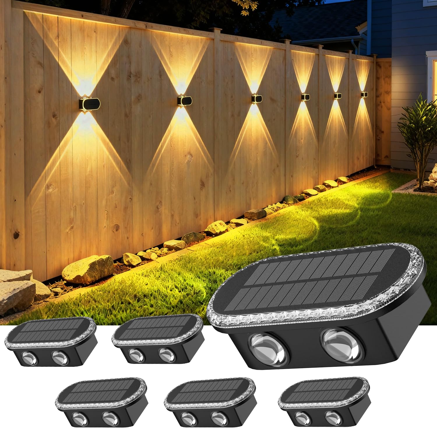 Ellasay Fence Lights Solar Powered: Outdoor LED Wall Lighting Dual Beam and 3 Color Modes IP65 Waterproof 12H Long Lasting Easy 