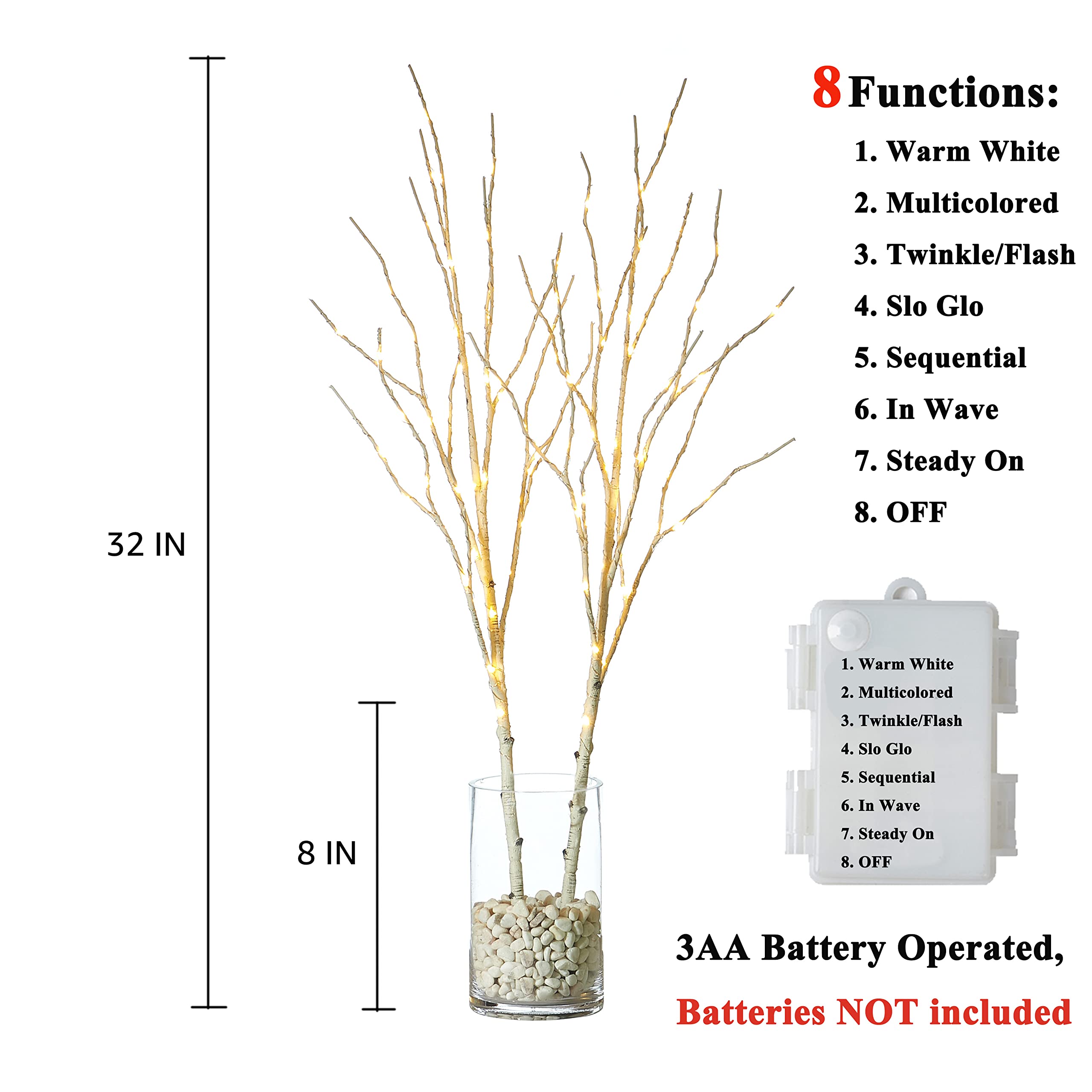 LITBLOOM Lighted Birch Branches Battery Operated with 8 Functions 30IN 100 Multi Color and Warm White Lights for Christmas Holid