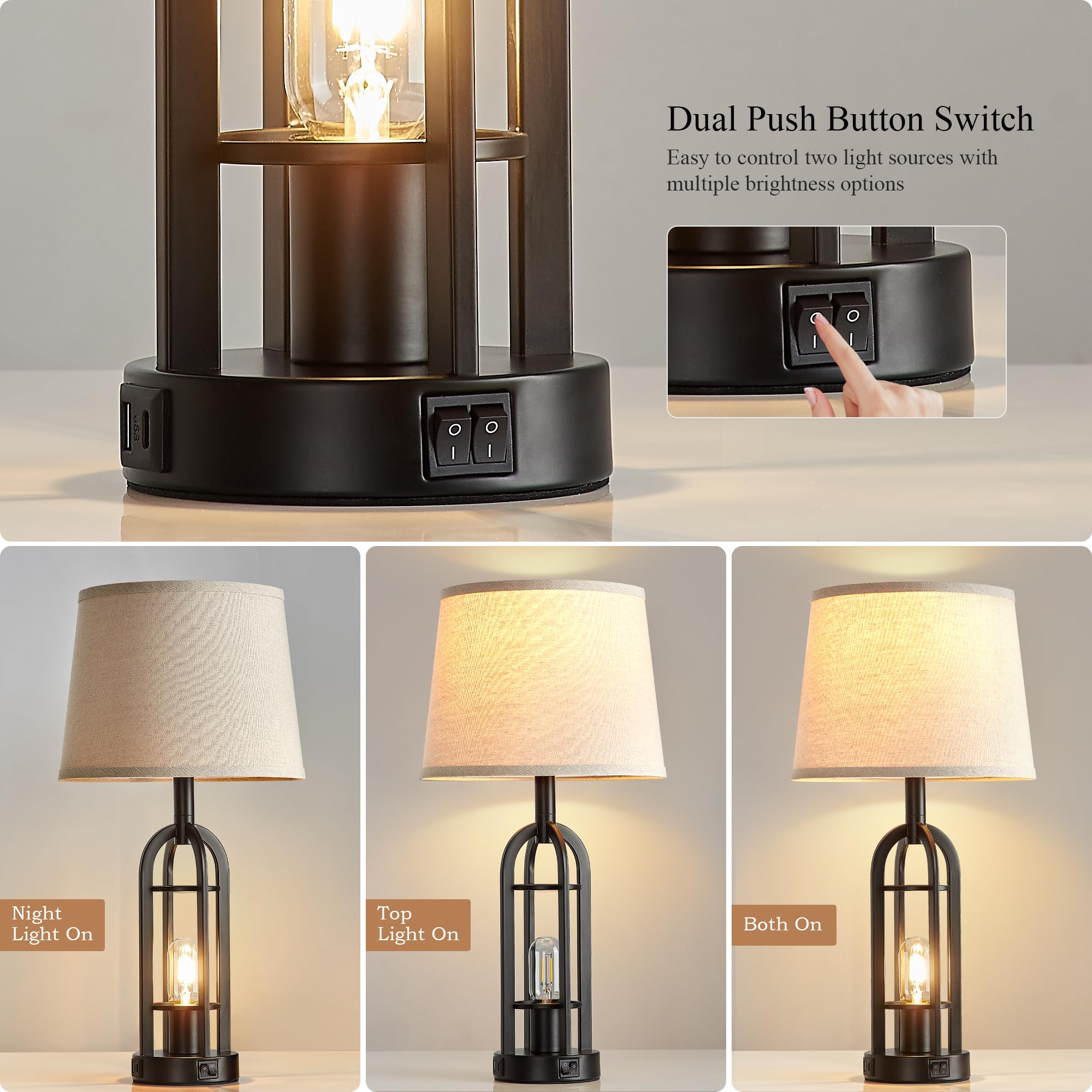 SRJJA Black Table Lamps Set of 2 - 24'' Industrial Bedside Lamps with USB A+C for Living Room and Night Stands