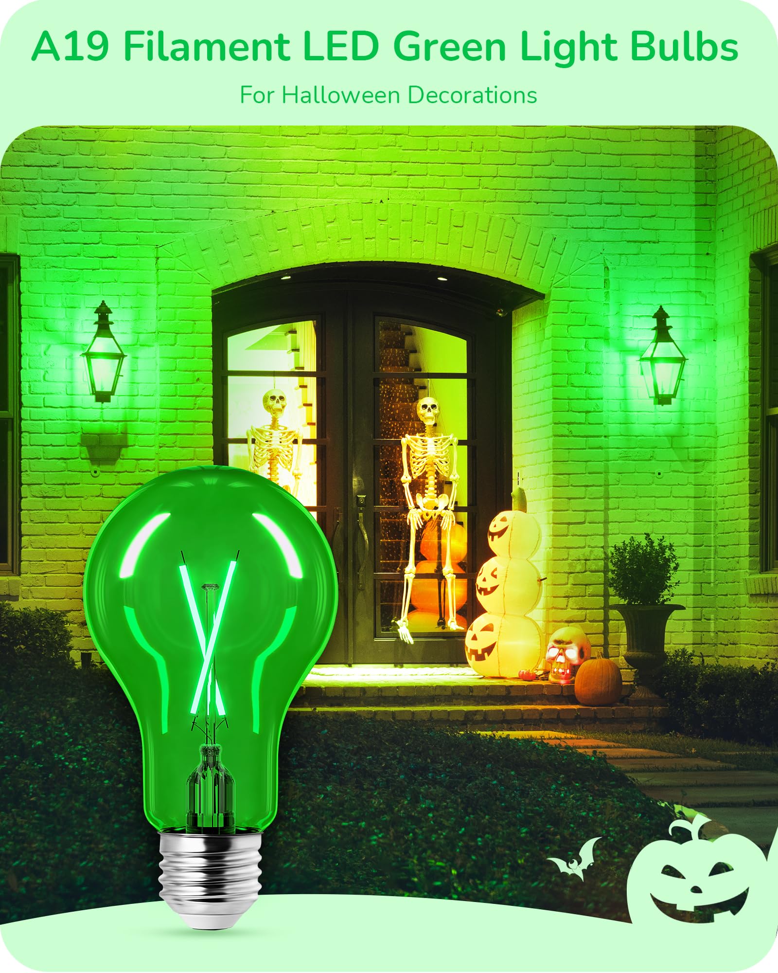 EDISHINE 8W A19 Dimmable Green LED Light Bulb, UL Listed, E26 Base, 4 Pack - Perfect for Christmas Decorations and Home Lighting
