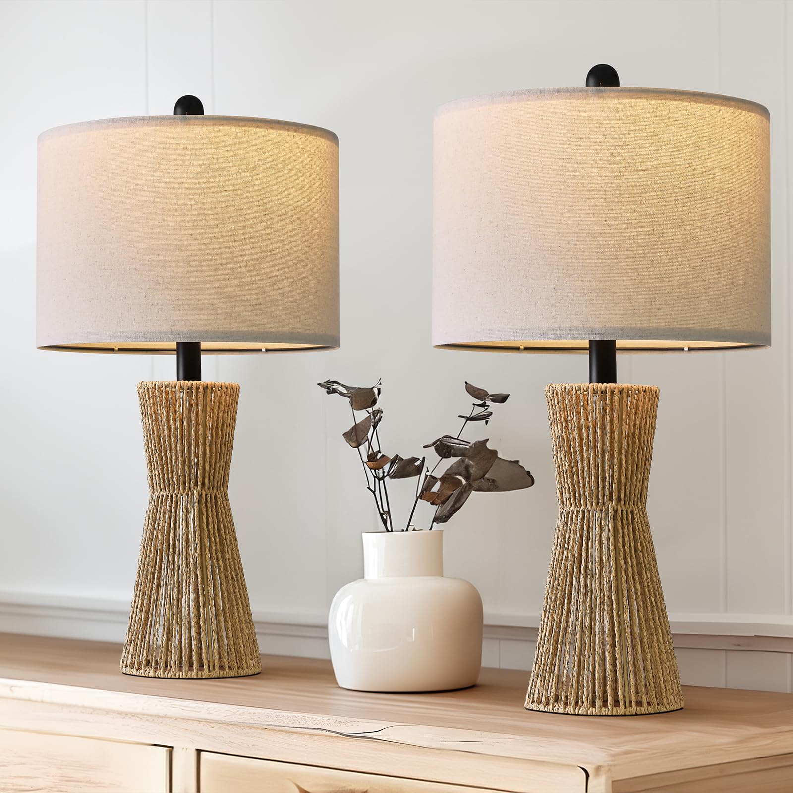 OYEARS Table Lamps Set of 2, 22.5in Rattan Farmhouse Bedside Lamps, Brown, Model AMZ-T121