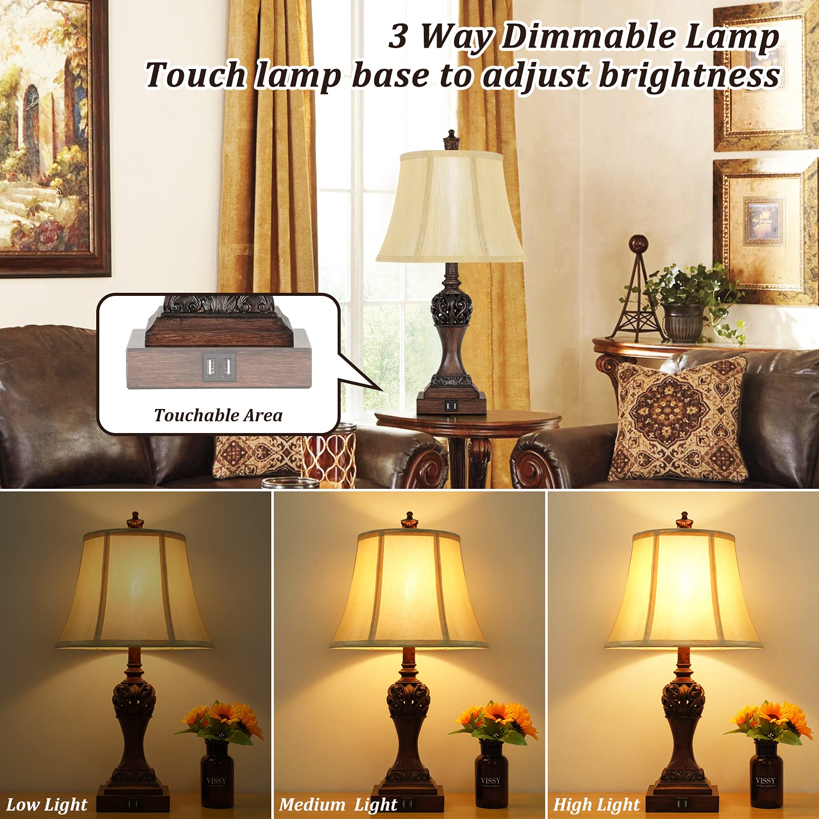 Set Of 2 Touch Control 3-Way Dimmable Table Lamps With 2 Usb Charging Ports Traditional Bedside Lamps With Bell Shape Faux Silk