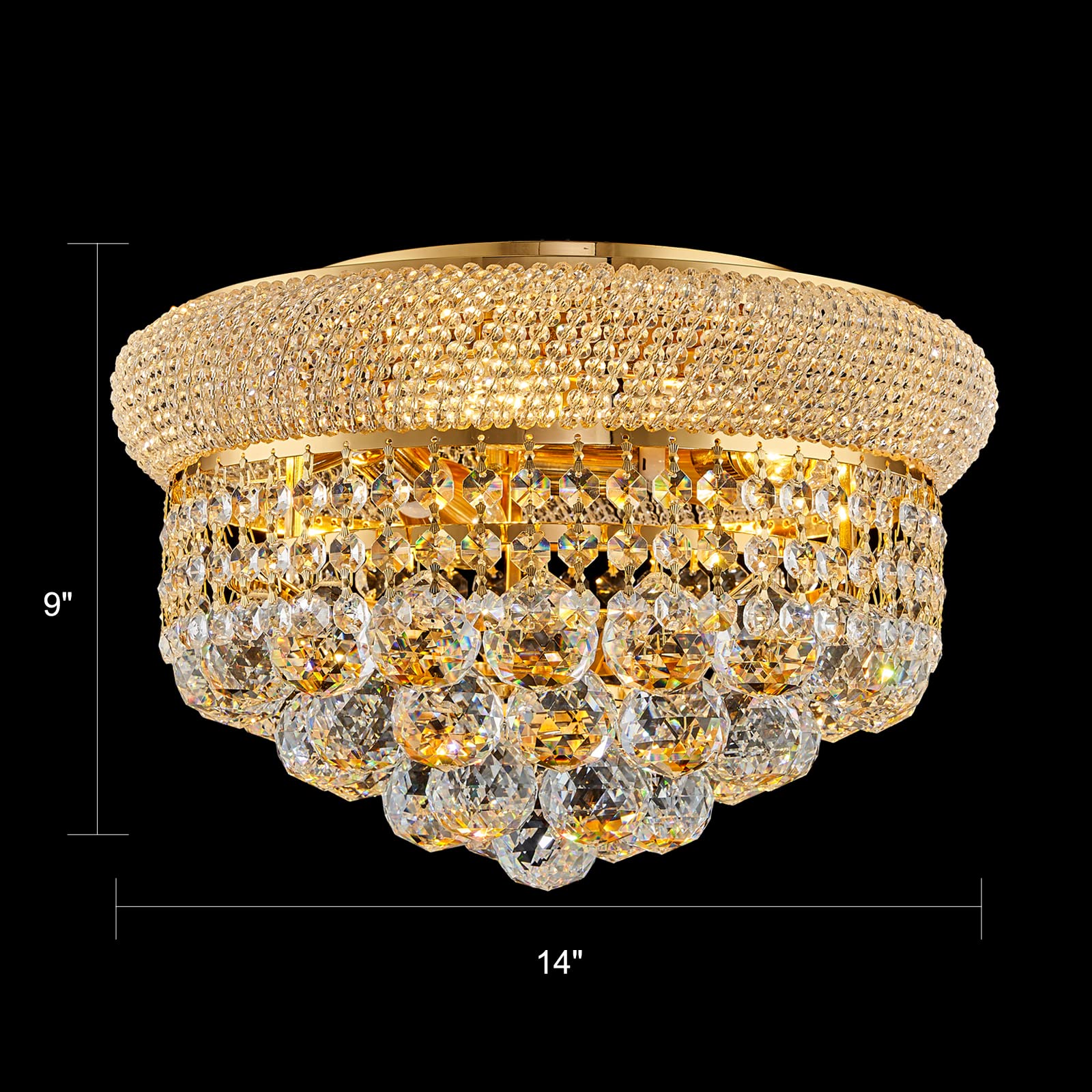 Homeooze 14" Gold 5-Light Crystal Flush Mount Chandelier for Bathroom, Hallway, Entryway, Bedroom, Model FM001