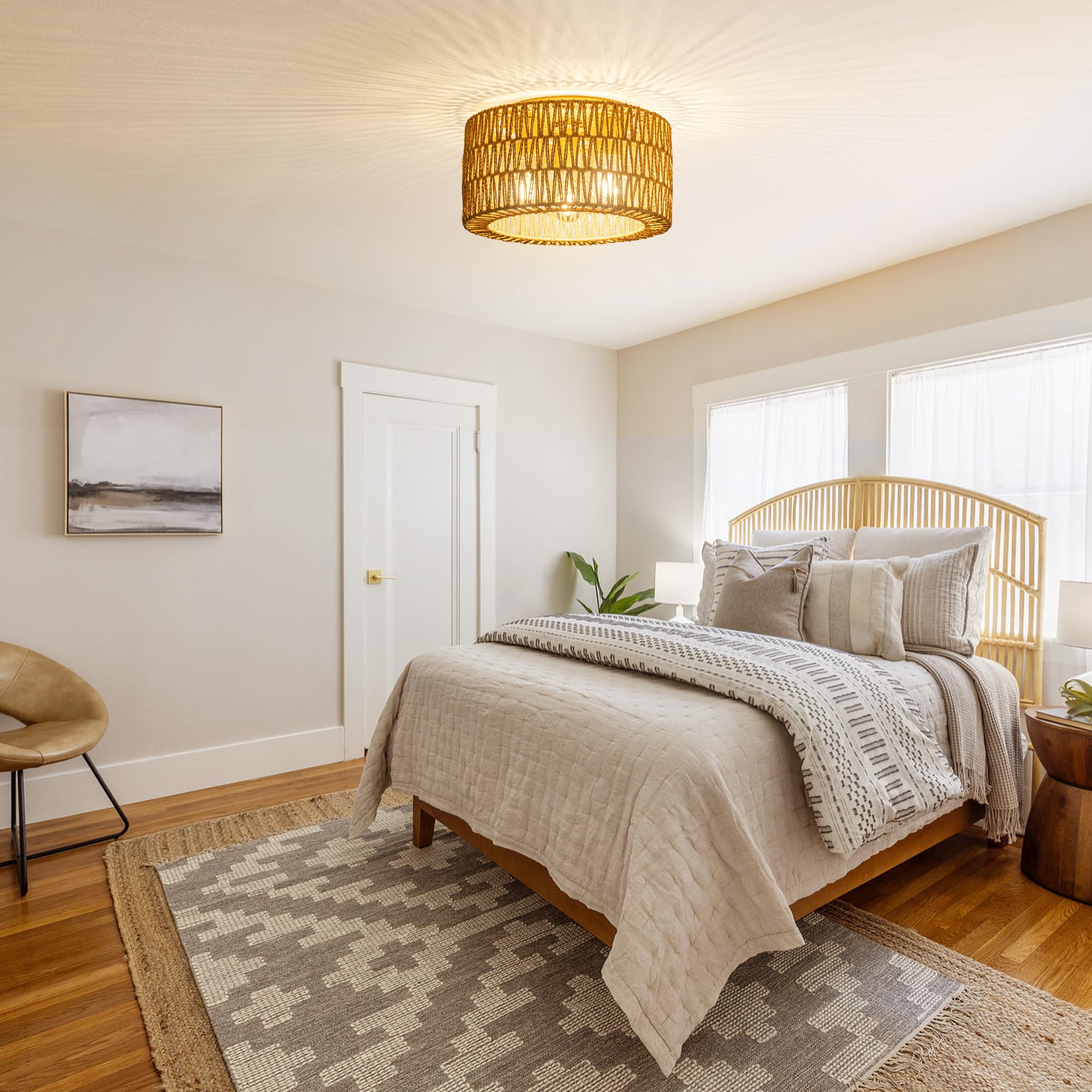 Rattan Ceiling Light Fixture, 3 Light Bohemian Modern Woven Ceiling Light, Boho Flush Mount Ceiling Light For Bedroom Living Roo