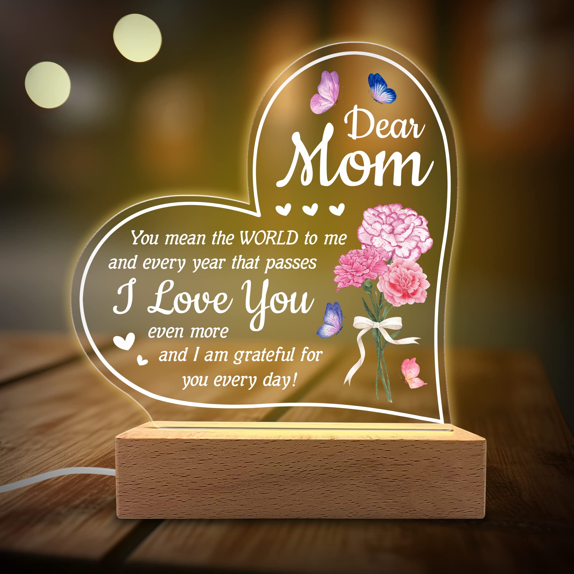 Kitchenvoy Acrylic Night Light - You Mean The World To Me - Acrylic Light Gift For Mom From Son, Daughter On Mothers Day - Birth