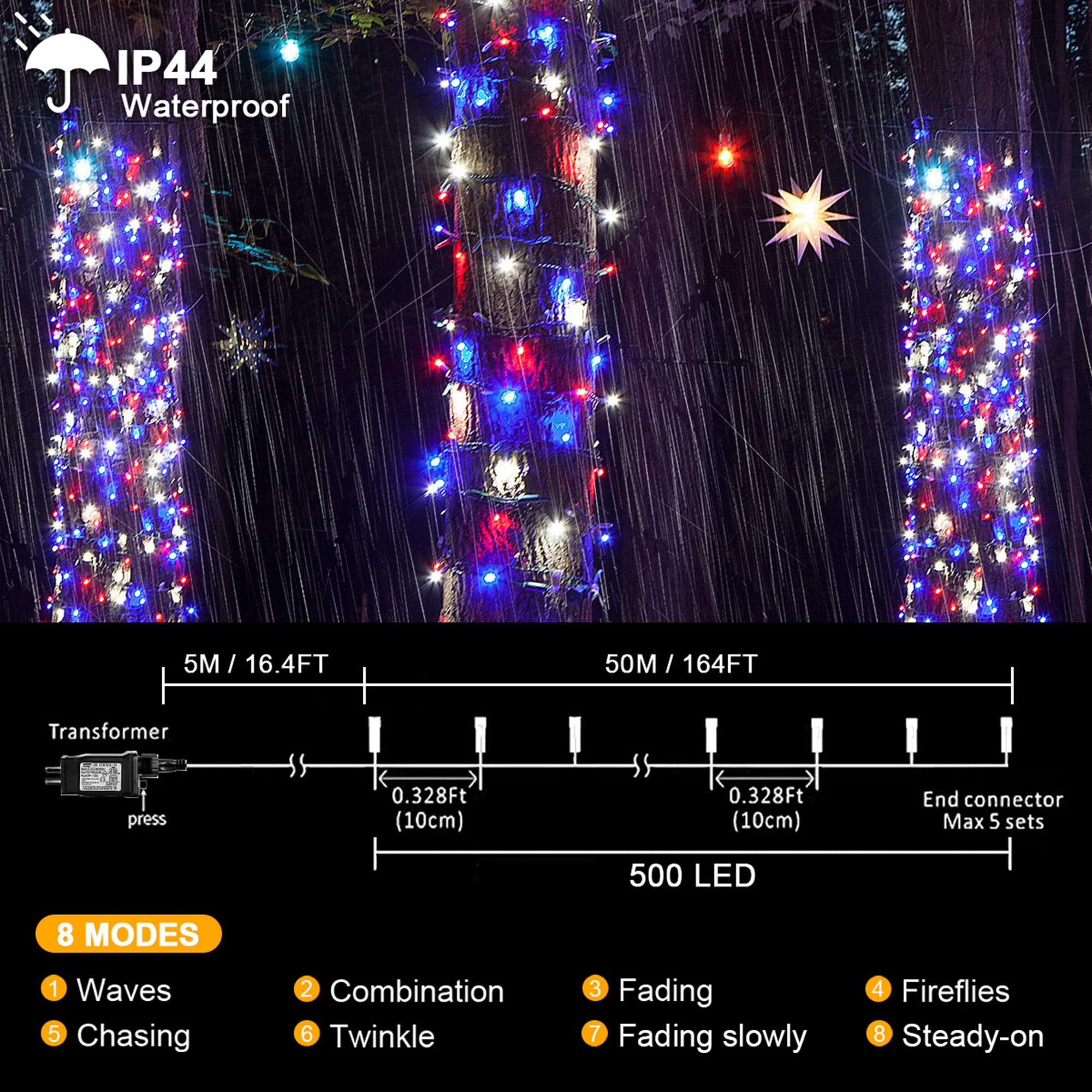 kemooie 500 LED 4th of July String Lights, 164FT Waterproof Red White Blue, 8 Twinkle Modes for Outdoor Patio Garden