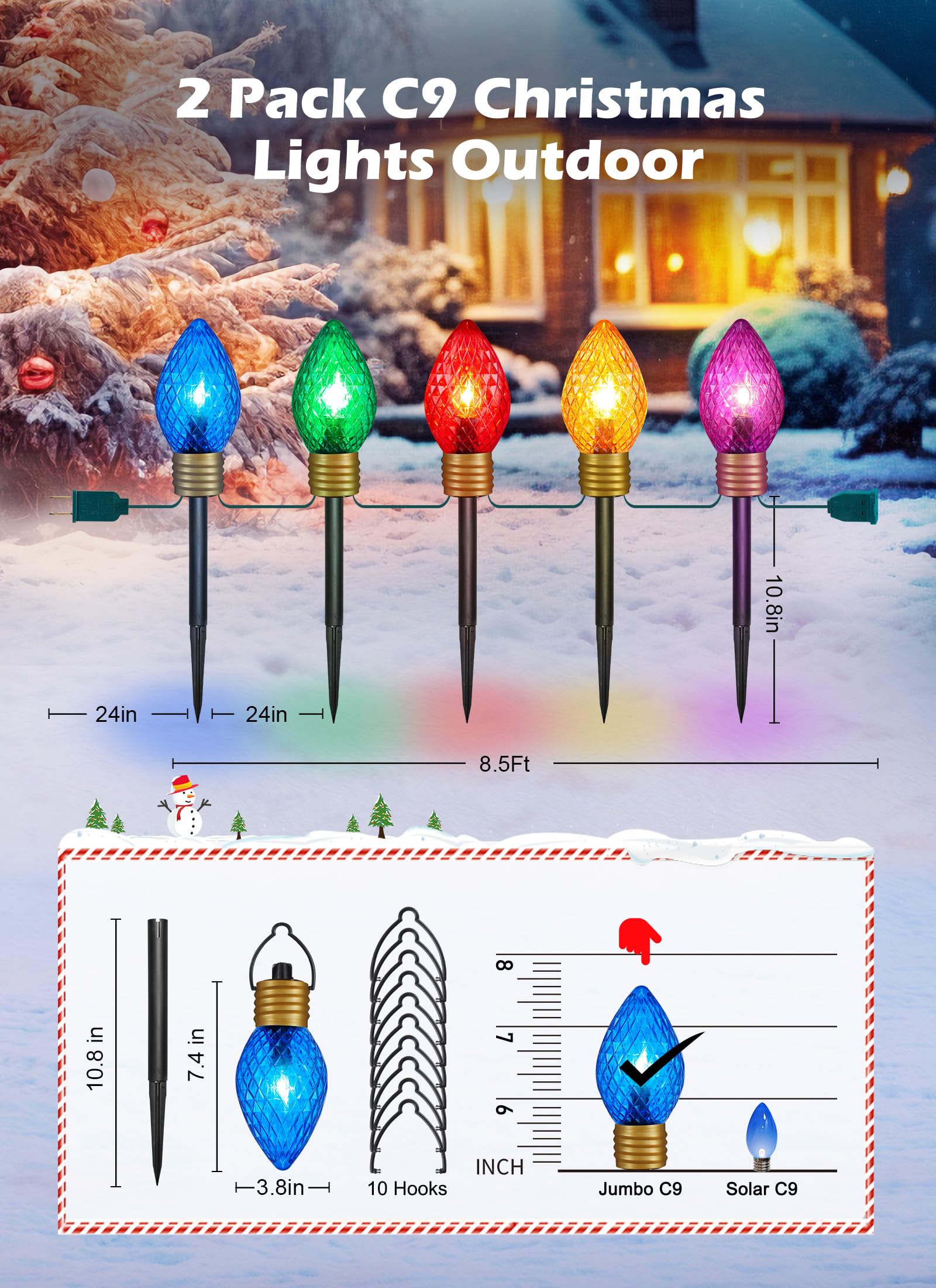 Brightown Strawberry Jumbo C9 Christmas Pathway Lights Outdoor - 2 Pack Total 17Ft 10 Led C9 Walkway Lights, Multicolor Bulb Hol