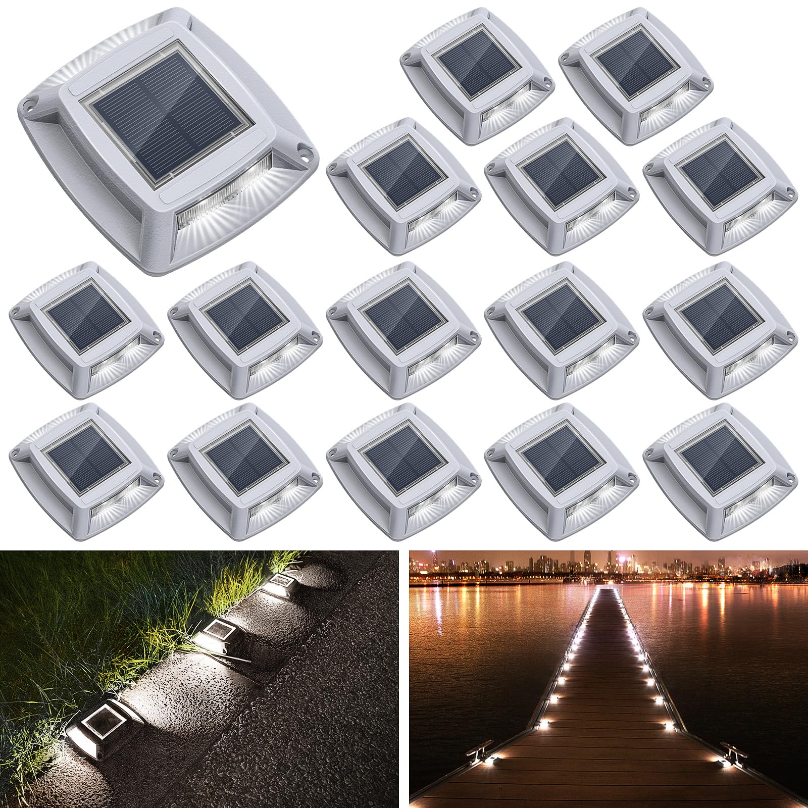 Etetale Solar Driveway Lights 16 Pack, Solar Powered Ip68 Waterproof Solar Dock Lights, 4 Led Driveway Markers Deck Lights For Dock, Pathway, Walkway, Sidewalk, Garden, Yard, Stair, Marine Use (White)