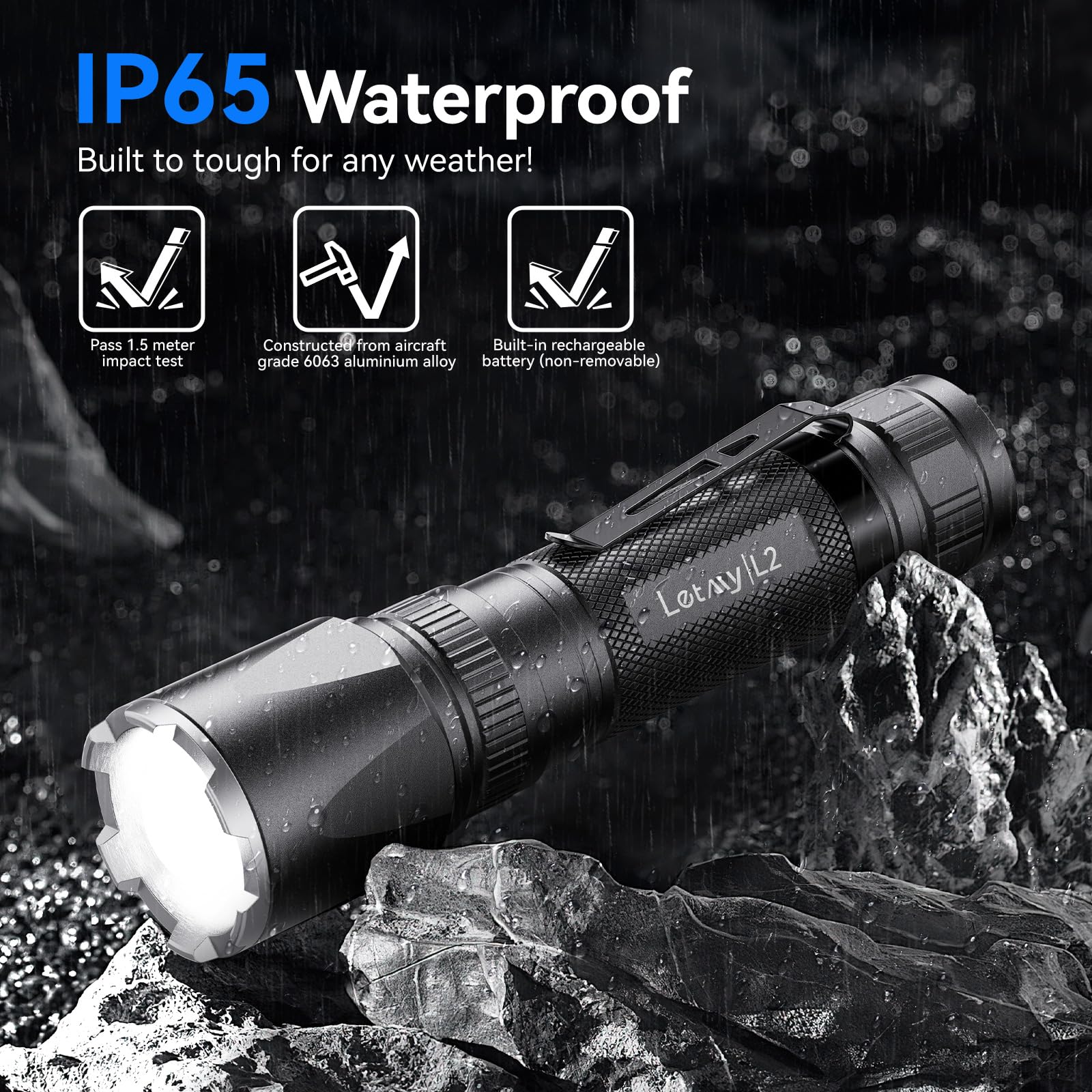 LETMY Rechargeable LED Flashlights, 2000 Lumens, 3 Modes, 2 Pack, Waterproof, Black