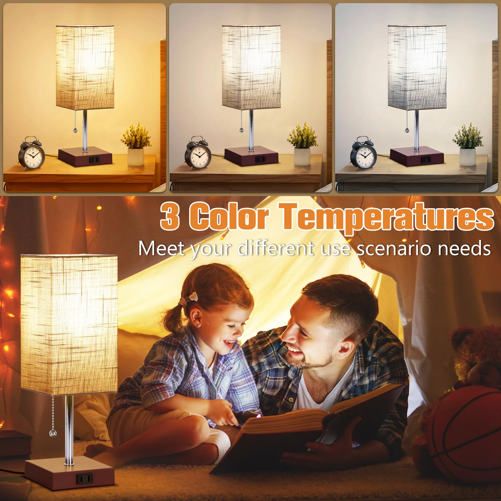 Plmmy Bedside Table Lamp For Bedroom Nightstand, 3 Color Pull Chain Nightstand Lamps Set Of 2 With Ac Outlets, Square Gray Lamps