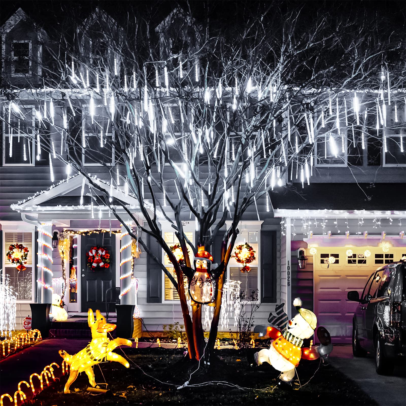 JMEXSUSS Meteor Shower Lights - 2 Pack, 8 Tube 192 LED, Waterproof, Cool White for Outdoor Tree, Wedding, Patio Decoration