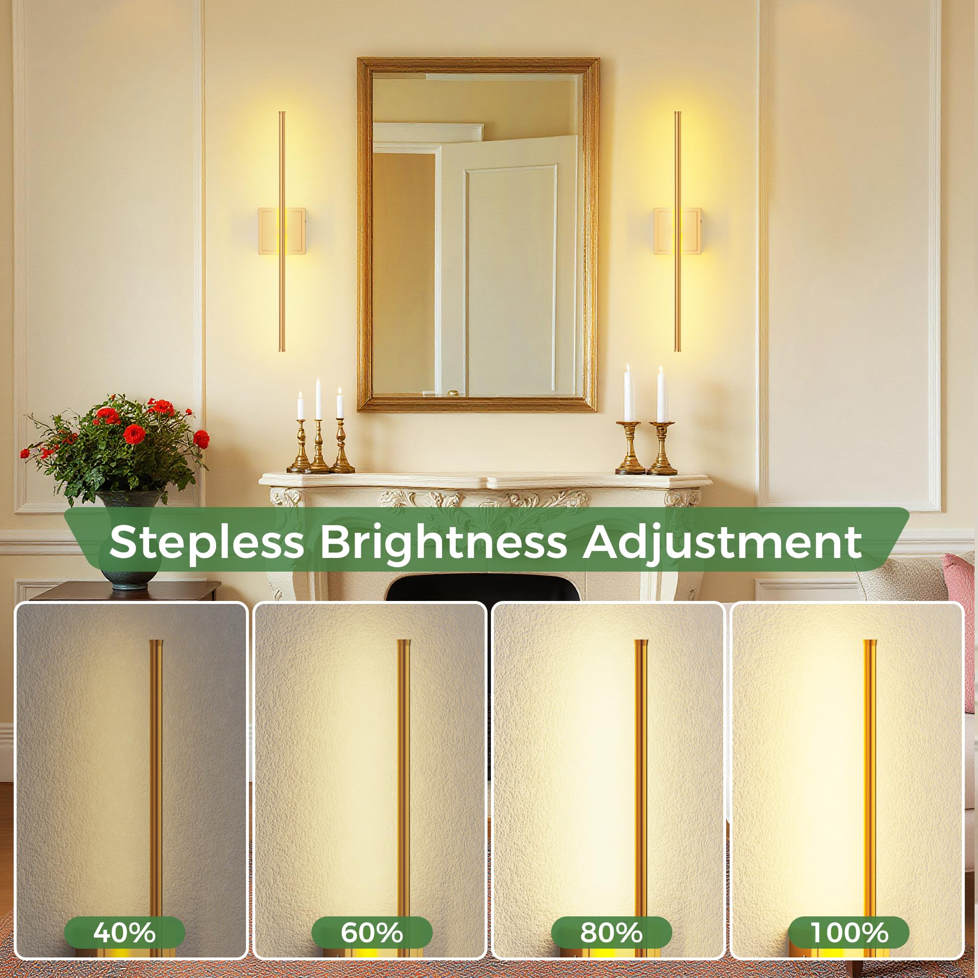 DORESshop Battery Operated Wall Sconces Set of Two, Rechargeable, 350° Rotate, Dimmable, 23.7 Inch, Gold
